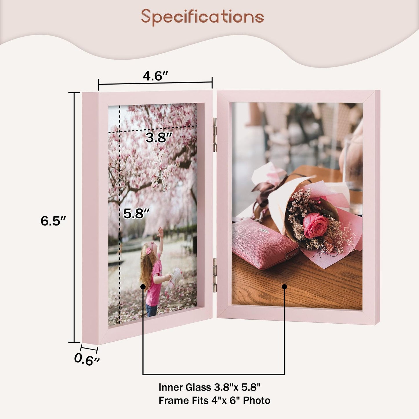 Space Art Deco Double 4x6 Picture Frame, 2 4x6 Folding Photo Frame, Standing Vertically on Desktop or Tabletop, Home Decorative Christmas Holiday Gift, Pink