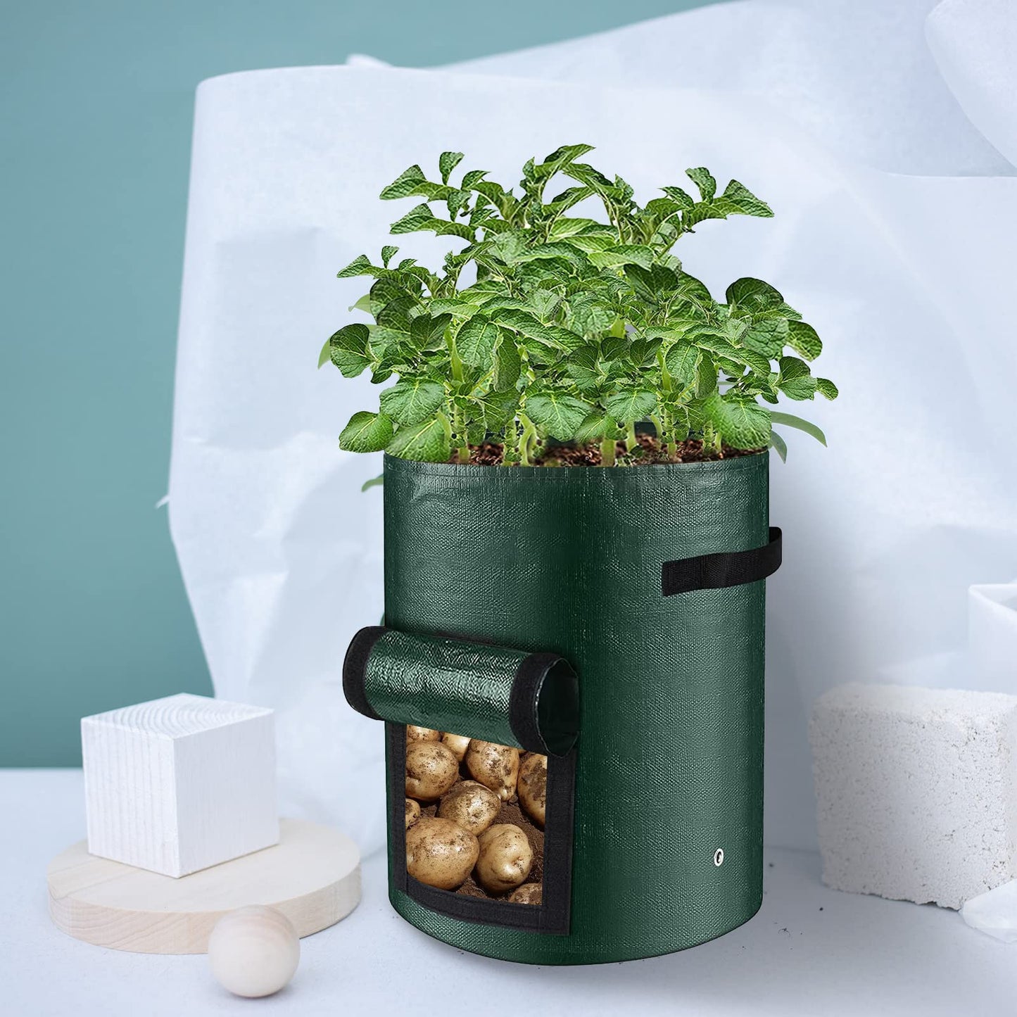 LITLANDSTAR 6 Pack Potato Grow Bags, 15 Gallon Grow Bags Garden Planting Bags with Flap Windows and Handles, Vegetable Grow Bags for Potato, Onion, Tomato, Carrot (Dark Green)