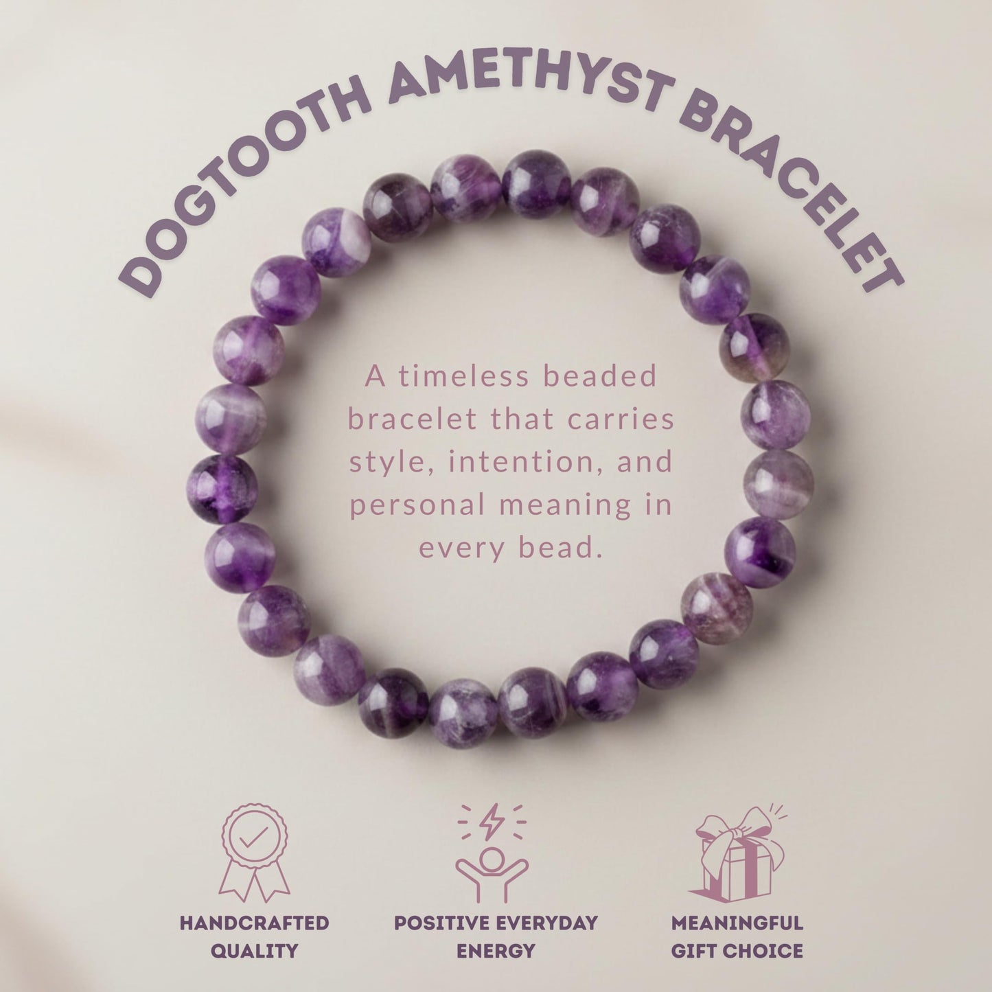 Cherry Tree Collection Dogtooth Amethyst Bracelet – Handmade 8mm Genuine Amethyst Beaded Bracelet for Men & Women – Healing, Protection & Positive Energy (Small)