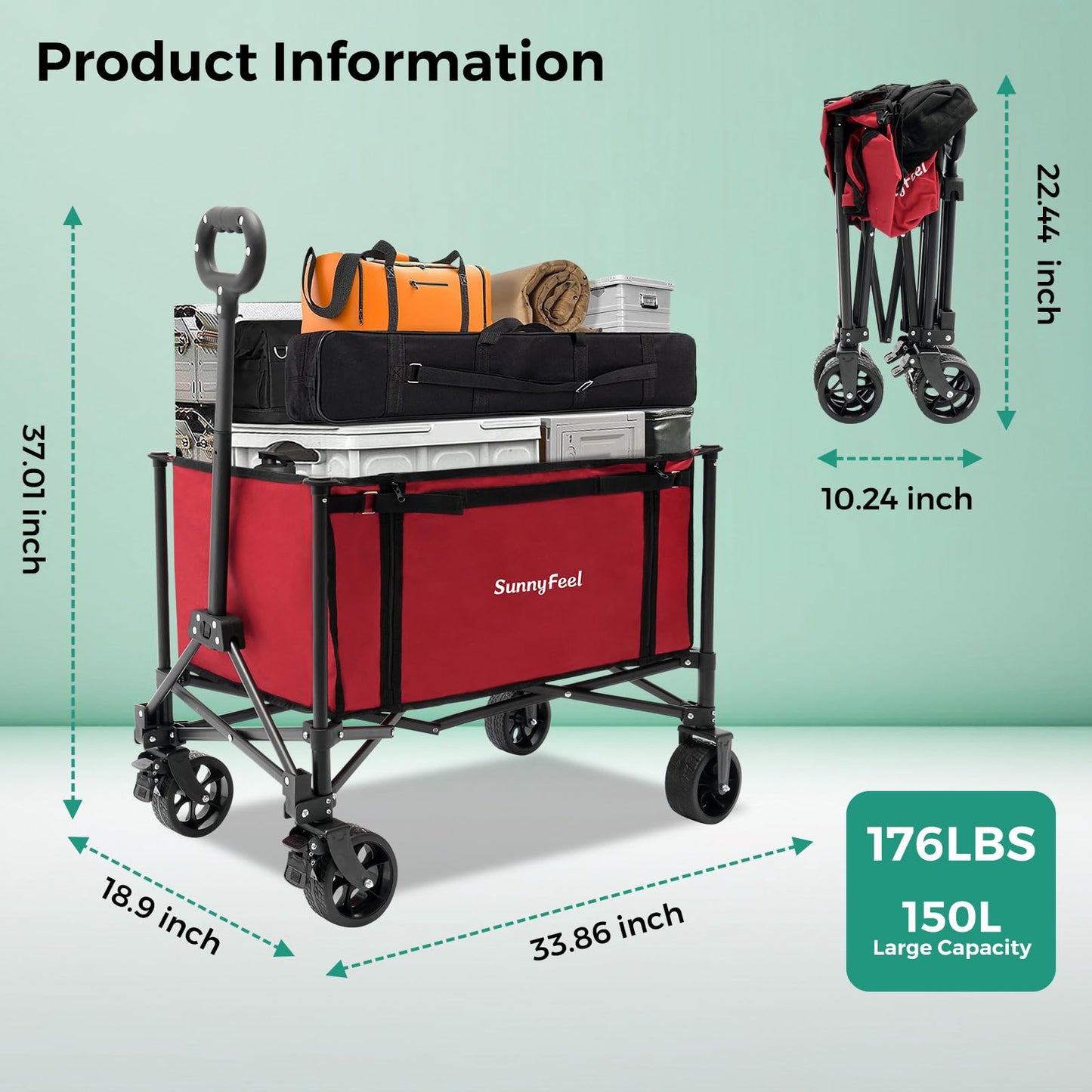 SUNNYFEEL Collapsible Wagon Cart, 200LBS Capacity Foldable Camping Cart with Wheels, Adjustable Handle, Lightweight Wagon for Shopping, Garden,Beach & Pet Use
