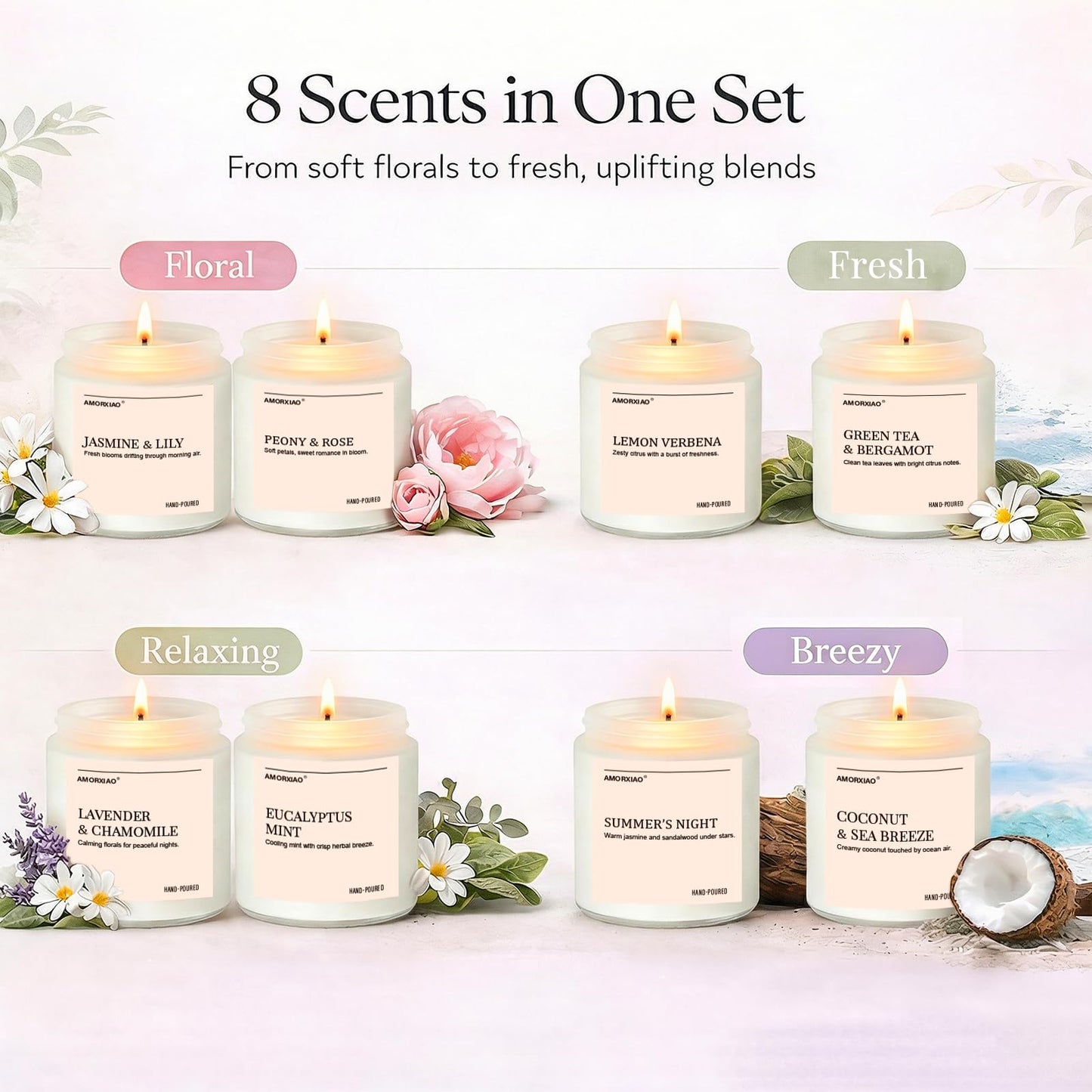 Scented Candles Gift Set, 8 Pack Soy Wax Candles for Home, Long Lasting Burn Floral Fresh Aromatherapy Scents for Women, Birthday, Holiday