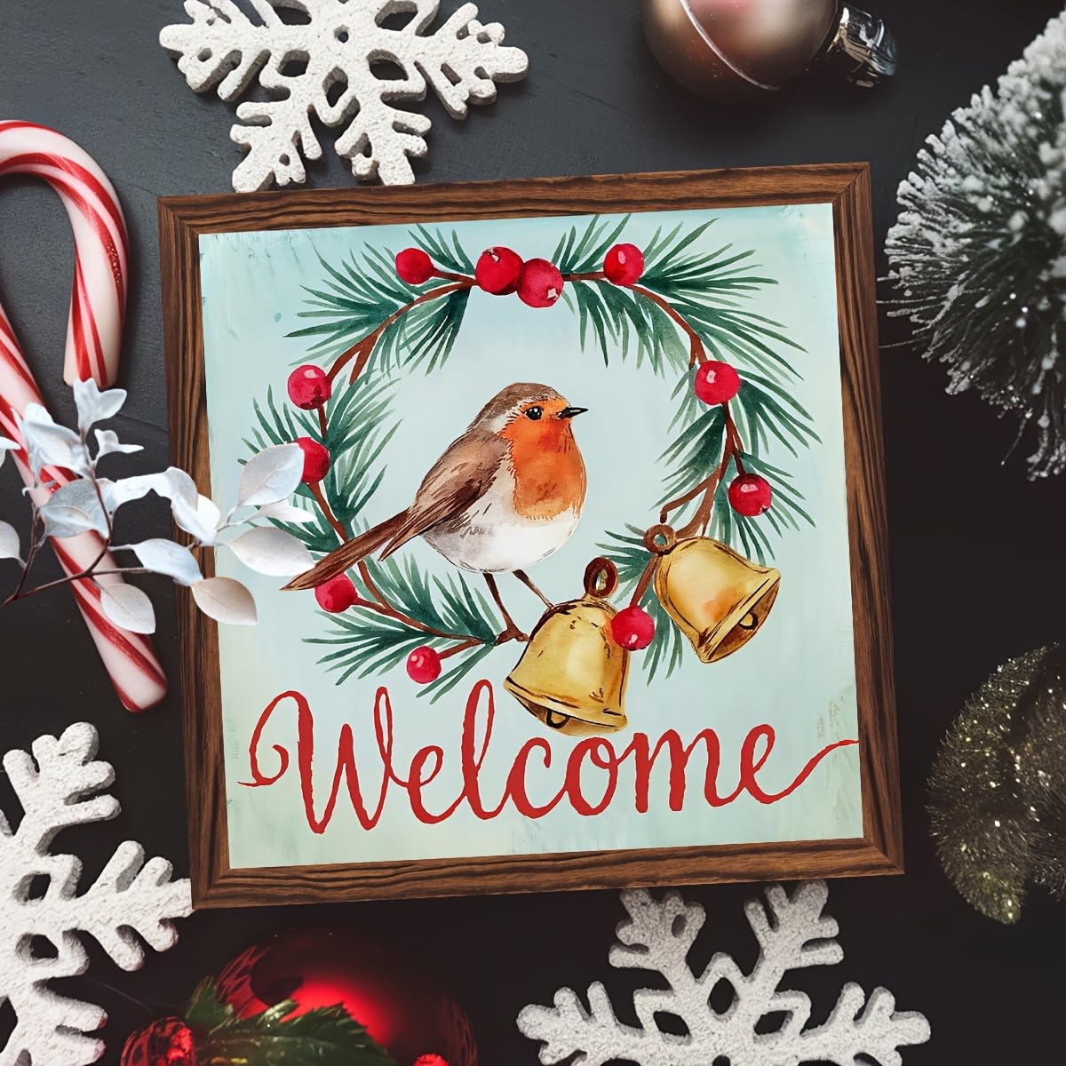 Welcome Sign Decorative Wooden Framed Sign Christmas Decor Sign Winter Robin and Berries Wall Art for Christmas, Entryway, Home 8x8 Inch