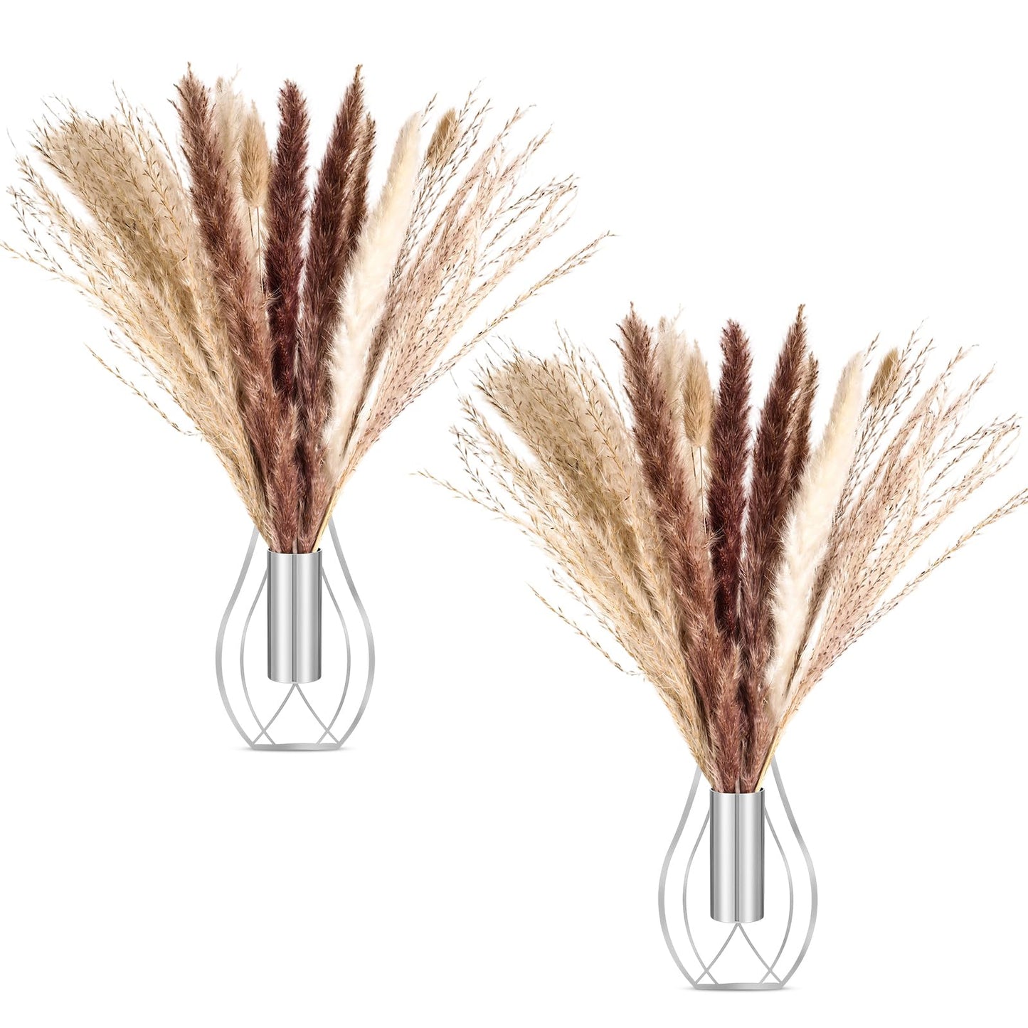 Otoolling Boho Wall Decor Set of 2 – Metal Hanging Wall Art with Faux Pampas or Eucalyptus,Minimalist Bohemian Accent for Living Room, Bedroom, Entryway(Silver,Pampas)