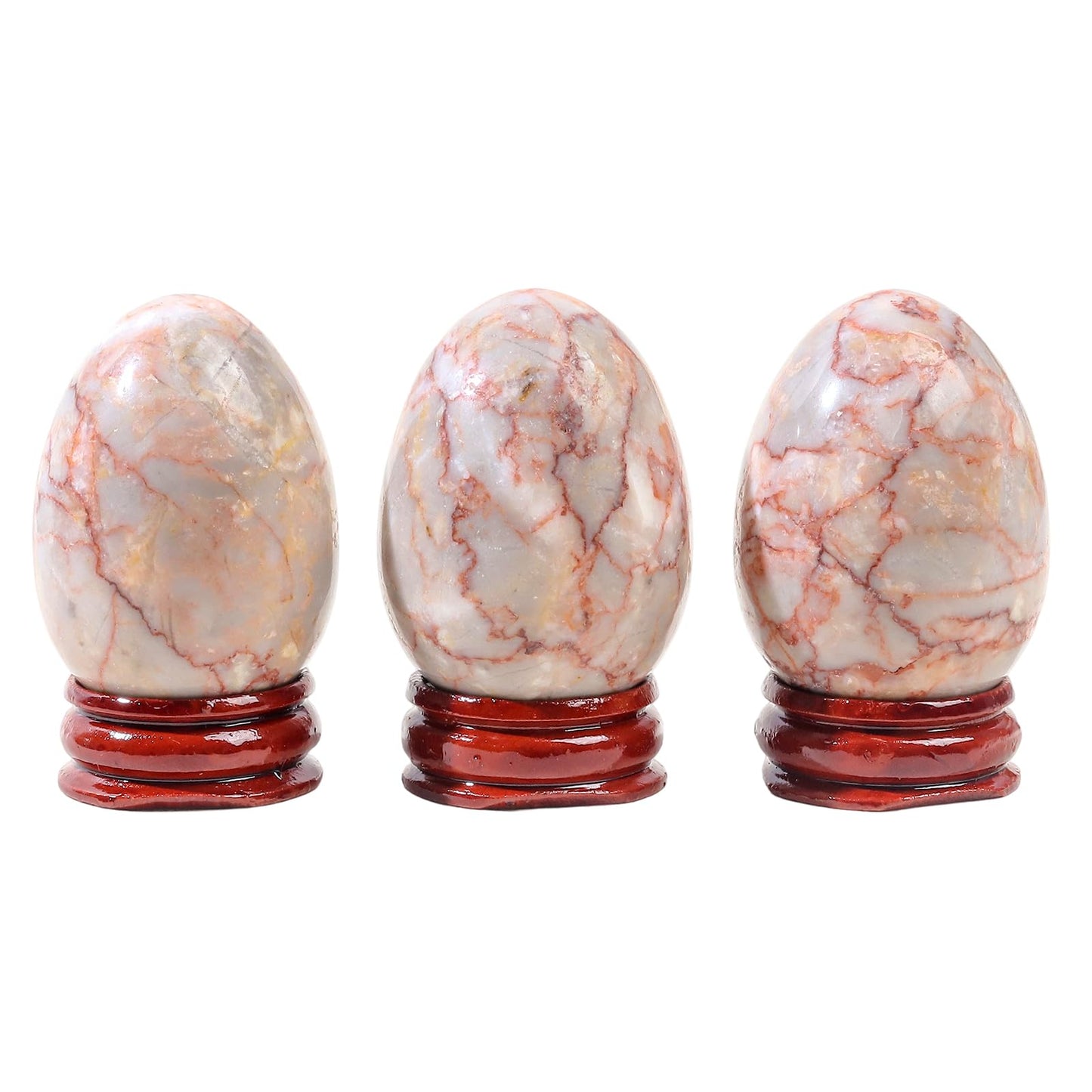 Casaper 2" Natural Red Network Jasper Egg with Wood Stand for Home Decoration, Polished Crystal Pocket Palm Sphere Fengshui Figurines Healing Reiki
