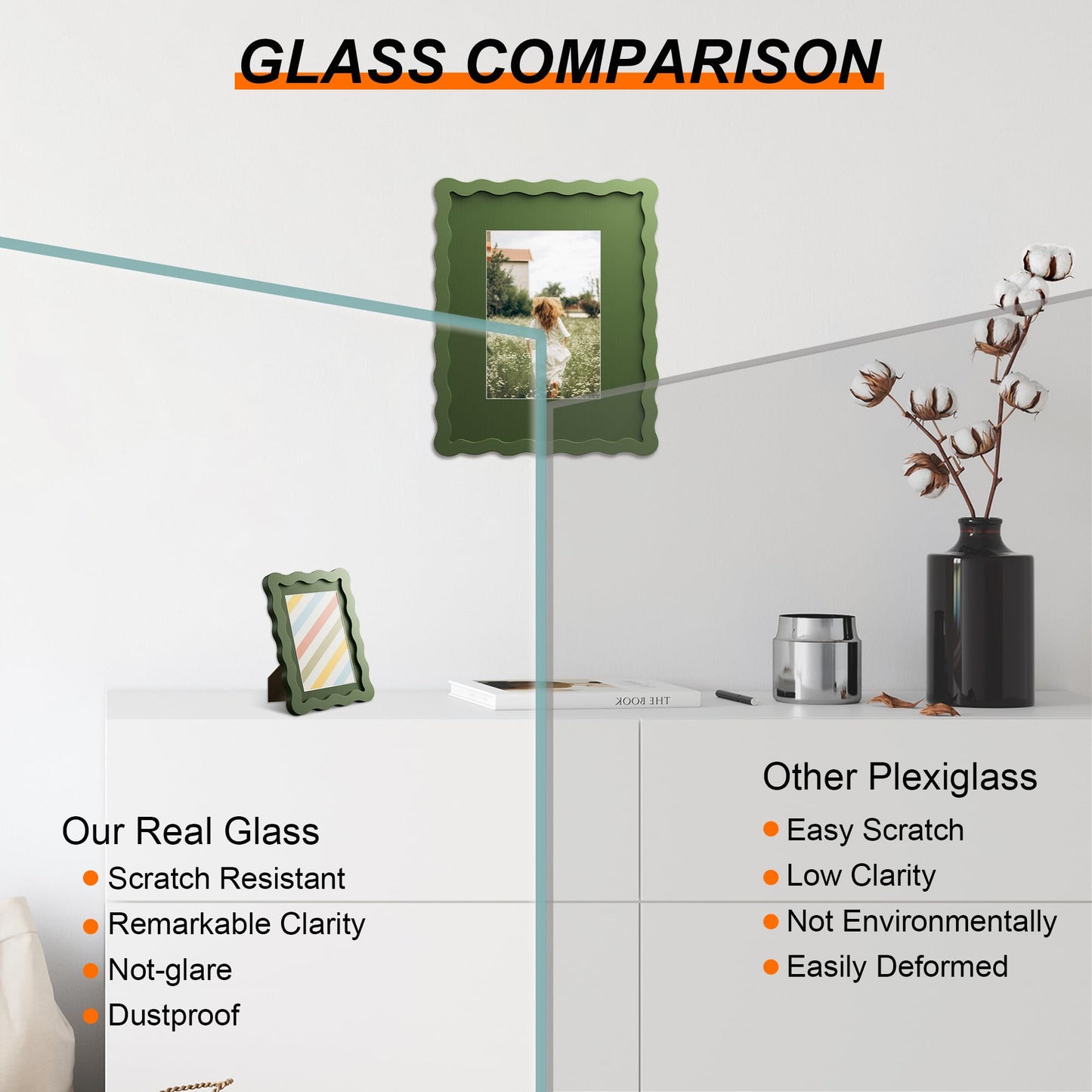 THKRLOF 4x6 Picture Frame with Mat for 3.5x5, Wavy Edge Wooden Real Glass Photo Frame for Tabletop and Wall Hanging, Green, 1 Pack