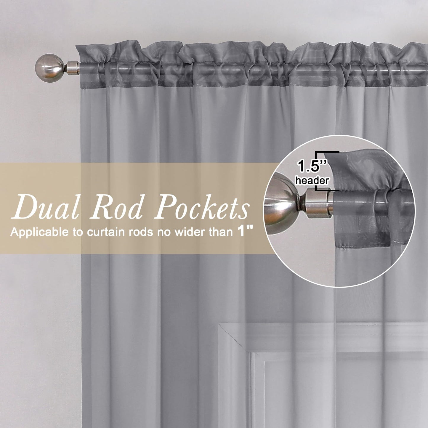 Lecloud Charcoal Grey Sheer Curtains 84 Inches Long 2 Panels, Voile Airy Light Filtering Curtains for Living Room Bedroom, Dual Rod Pocket Sheer Window Treatments Drapes, Each Panel 40" W x 84" L