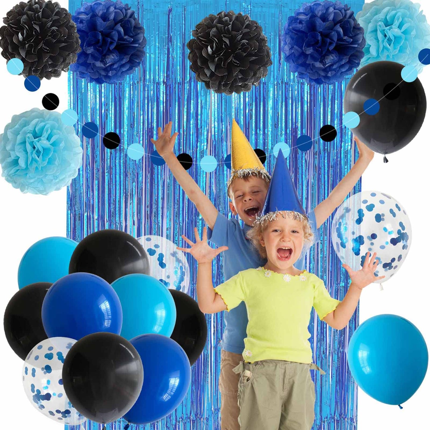ANSOMO Blue and Black Happy Birthday Party Decorations for Boys Men Banner Balloons Navy Royal Light Blue Pom Poms Foil Curtain Décor Supplies 13th 16th 18th 20th 30th 40th 50th 60th 70th 80th