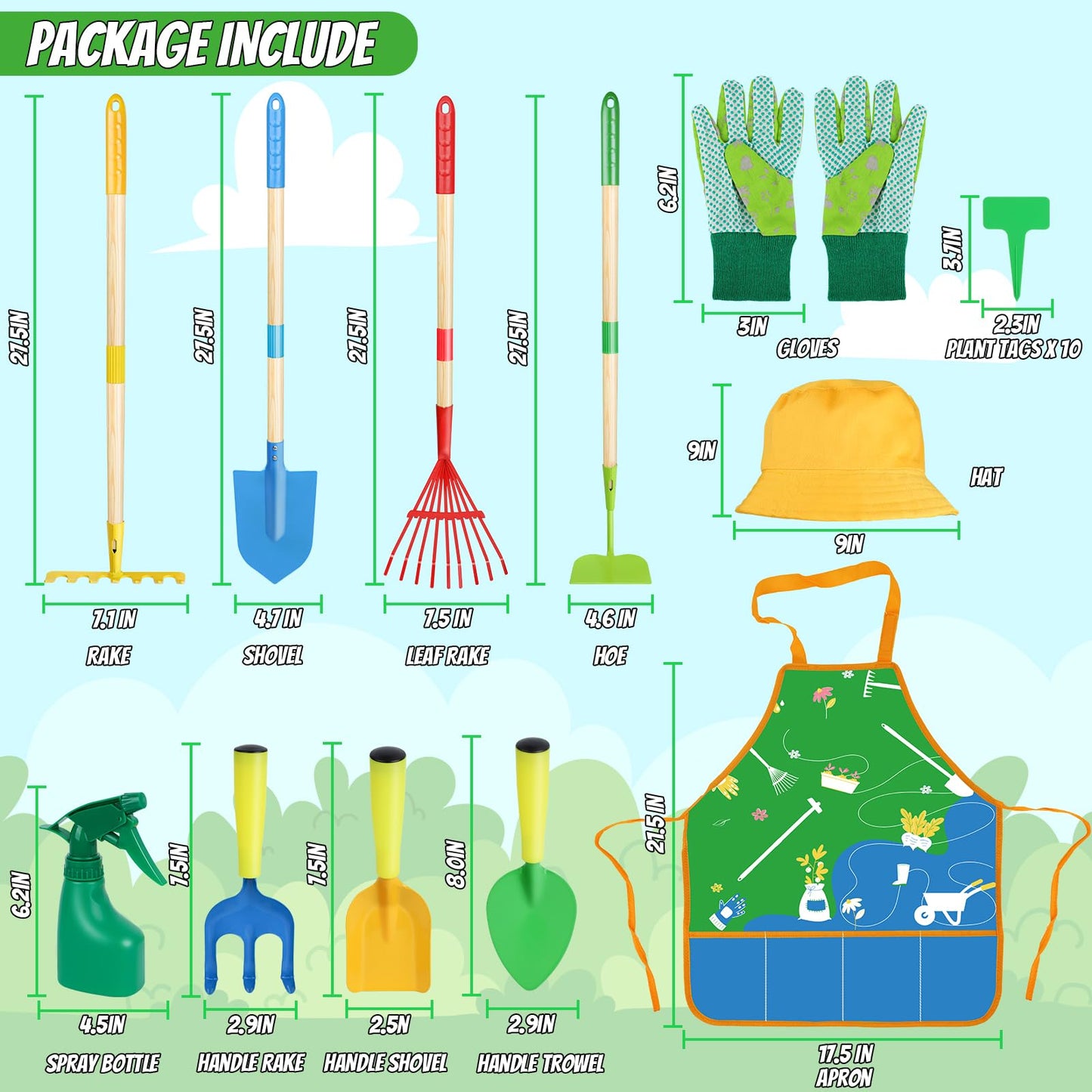 Magic4U Kids Gardening Tools Set, 22 Pcs Metal Garden Tools Toys with Apron, Gloves, Wood Handle Shovel, Rake, Hoe and Leaf Rake, Outdoor Digging Toys Gifts for Kids Age 3+
