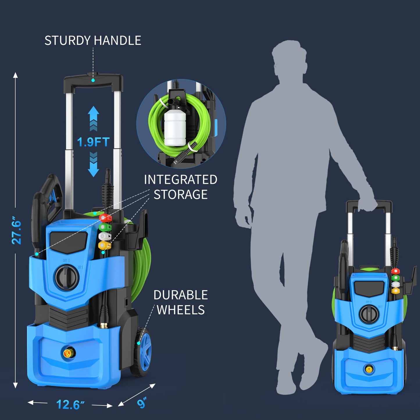 Imdot Adjustable Electric Pressure Washer 5000PSI with 33FT Flexible Extension Hose + 34FT Power Cord, 4 Nozzles, Foam Cannon, Best Power Washer for Cars, Patios, Driveways, Blue