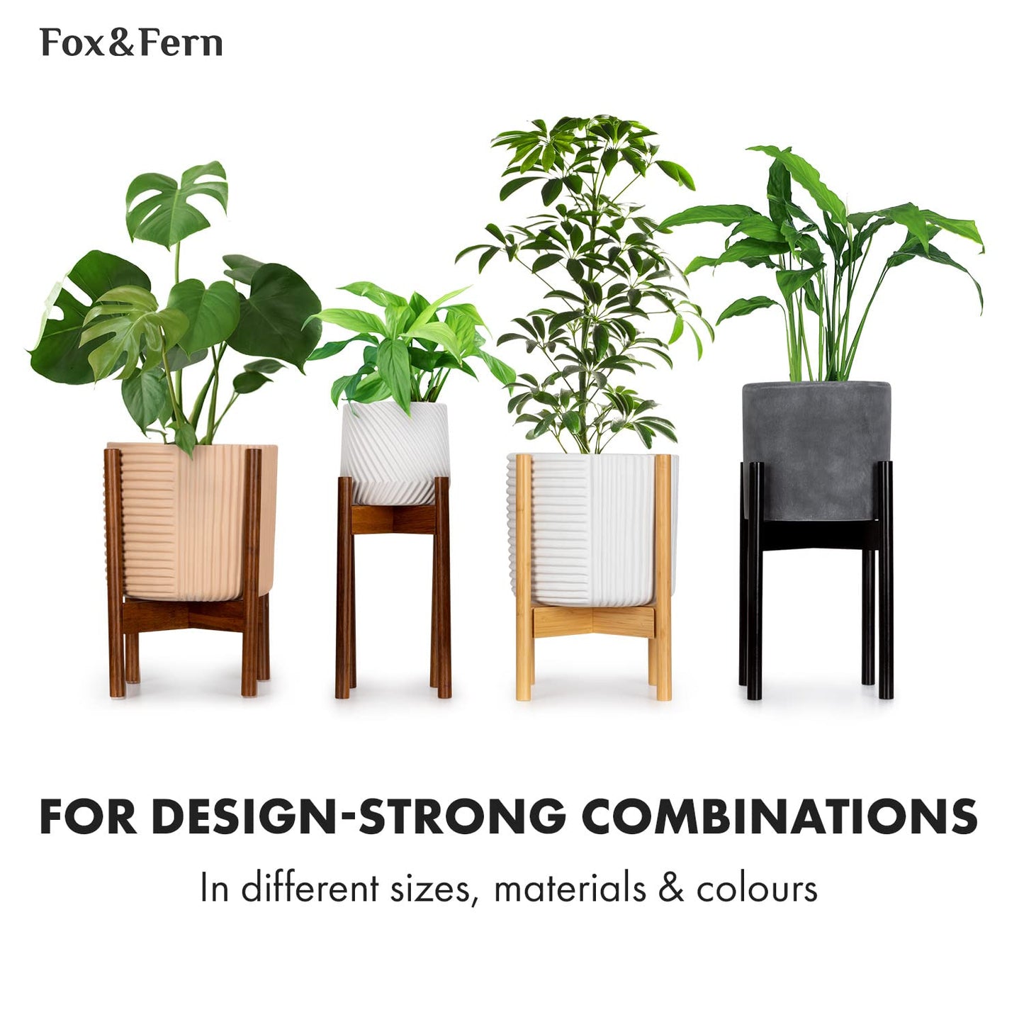 Fox & Fern Mid Century Plant Stand — 14.9 Inch Fixed Size Wooden Plant Stand for Indoor Planters (Not Included) - Extra Large Flower Pot Holder for Indoor Big Pots - Plug In Design - Acacia