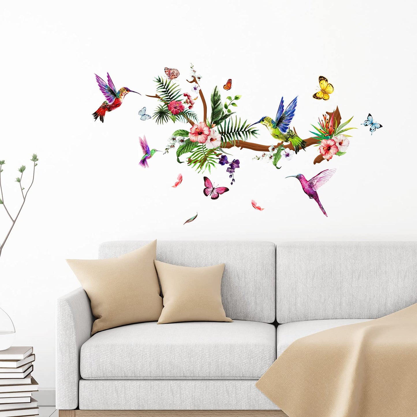 Zonon Hummingbirds Wall Decals Peel and Stick Birds Vinyl Wall Stickers Butterfly Flowers Colorful Hummingbird on the Tree Branch Flower Decals Garden Living Room Bedroom TV Decorations
