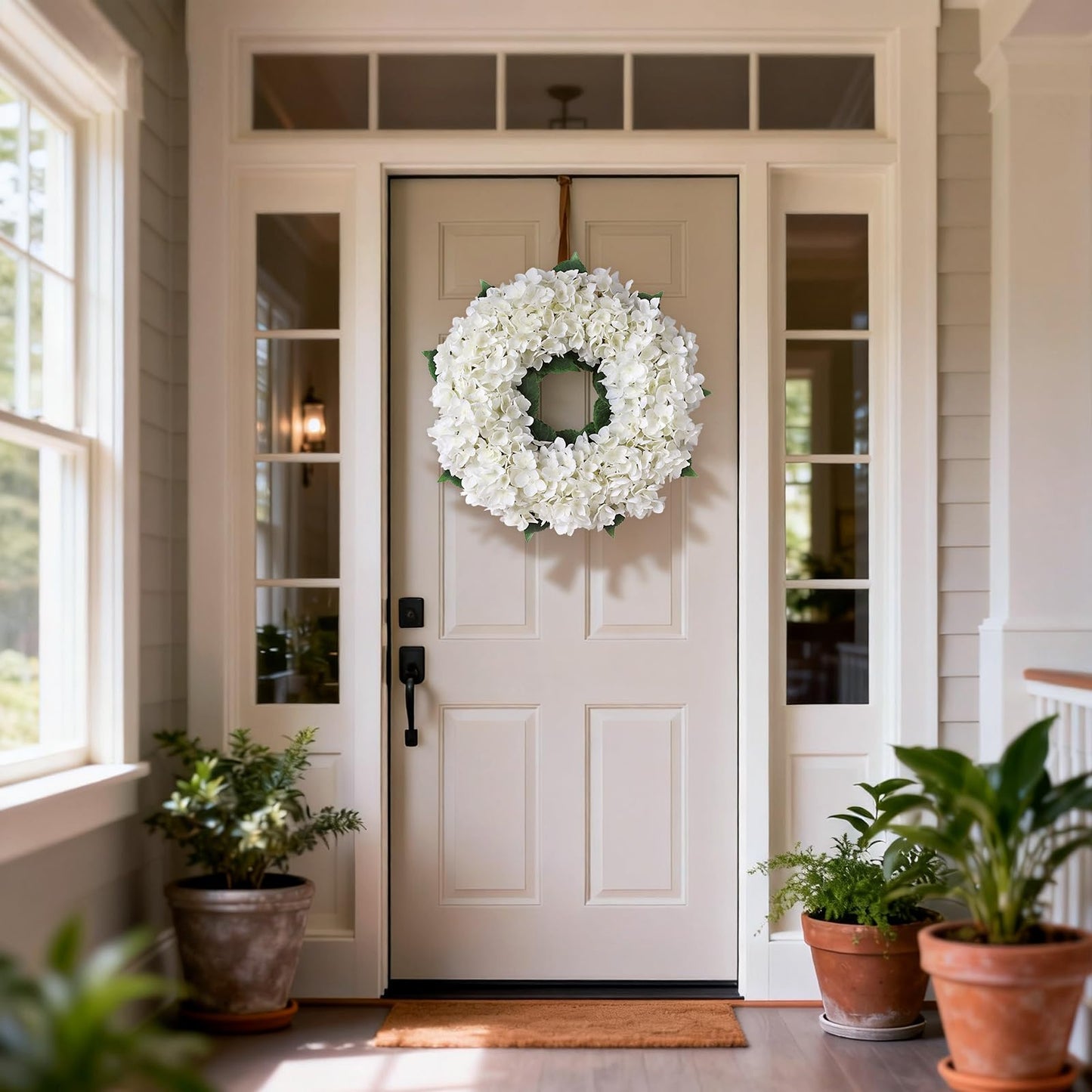 Artificial Hydrangea Wreath for Front Door, 21" Spring Summer White Flower Wreath, Fuax Hydrangeas Leaves for Home Mantel Wall Farmhouse Decor
