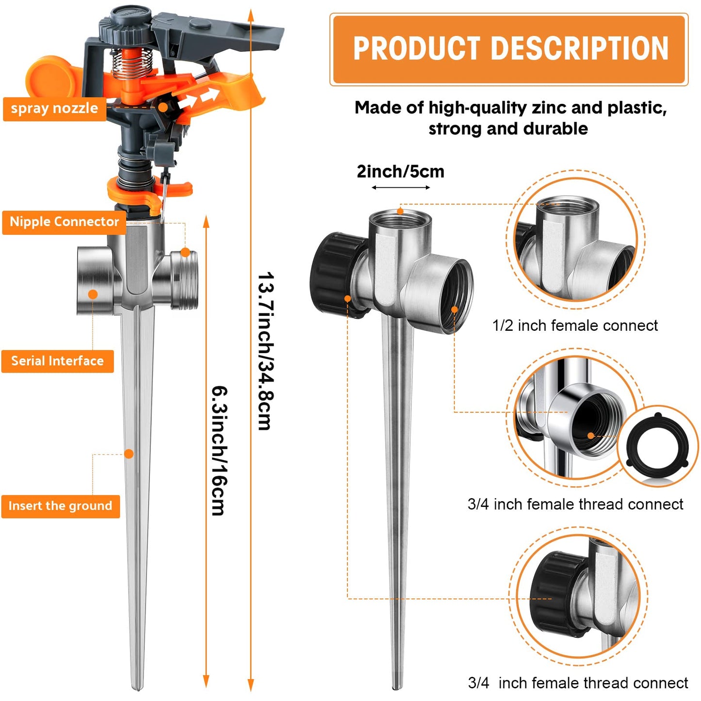 12 Pack Pulsating Sprinklers with Metal Spike, 360° Adjustable Rotating Impact Sprinkler Large Area Coverage Sprinklers for Yard Lawn Garden Above Ground Sprinkler System (Black and Orange)