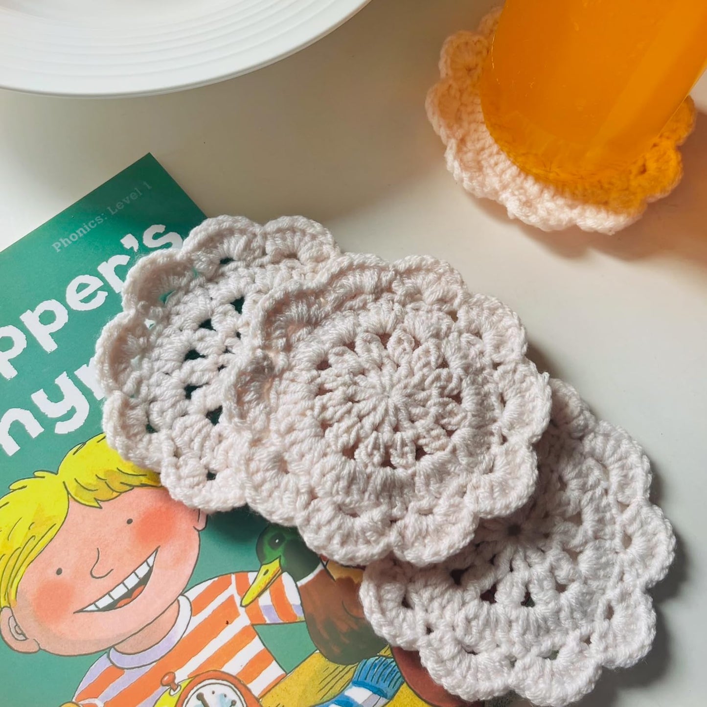Handmade Crochet Coasters - Beige Floral Design, 4 inches, Coasters for Home Decoration, Tabletop Protection & Housewarming Gifts,4 Pieces