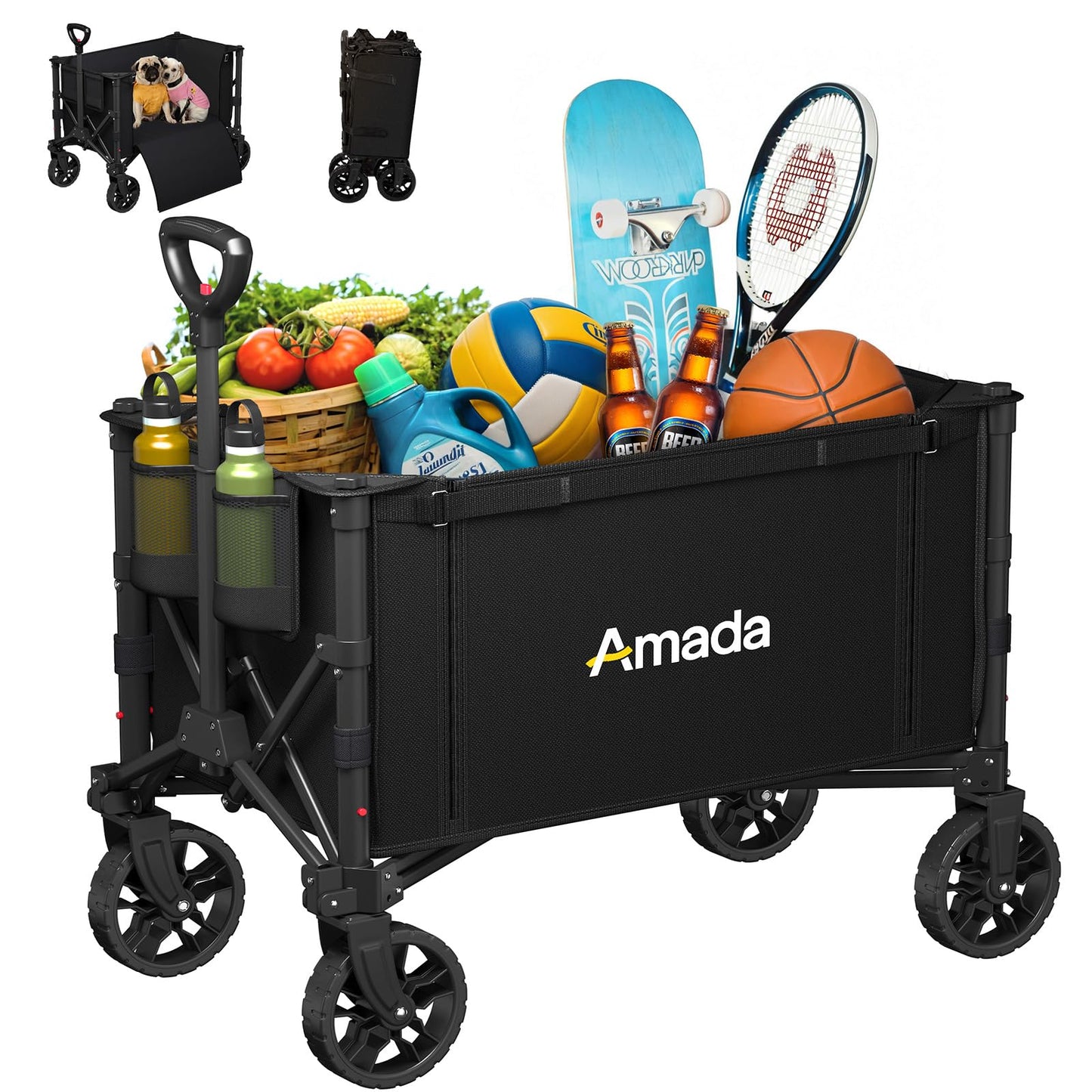 Wagons Carts Foldable, Collapsible Wagon Cart with 220 lbs Max Load and Expandable Storage Space, Heavy-Duty Foldable Wagon Cart with Wheels for Groceries, Shopping, Sport, Beach, Garden and Camping