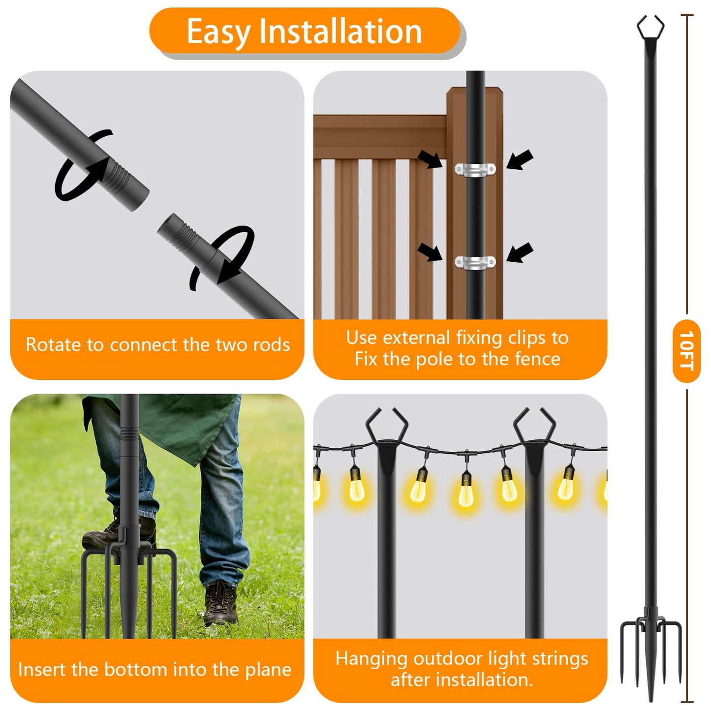 TQQVXX 7 Pack 10 FT String Light Poles,Metal with Fork Lights Poles for Outdoor String Light, Rustproof Heavy Duty for Outside Garden,Patio,Wedding,Backyard,Deck,Party