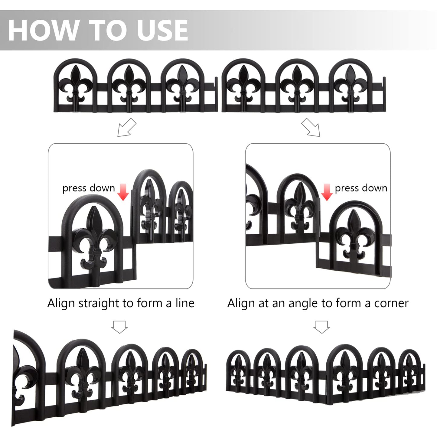 Evelyne Black Garden Border Plastic Edging ā PP Plastic, Metal-Free Wrought Iron Look Design, 15pcs Black Yard Landscaping Fence Liner Lawn Edge Barrier, 20ft Kit of Decorative Lawn Landscape Panels