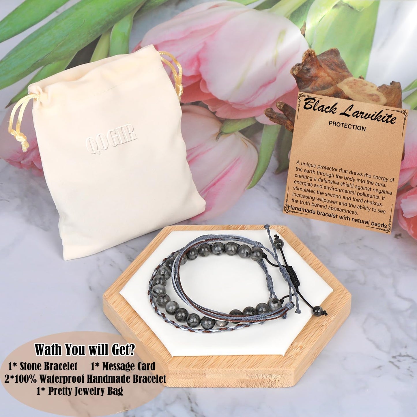QOGIR Handmade Healing Bracelet,8mm Natural Black Larvikite Gem Stone Beads Bracelet,for Men Women Gifts with 2PCS Size Adjustable Rope Bracelets