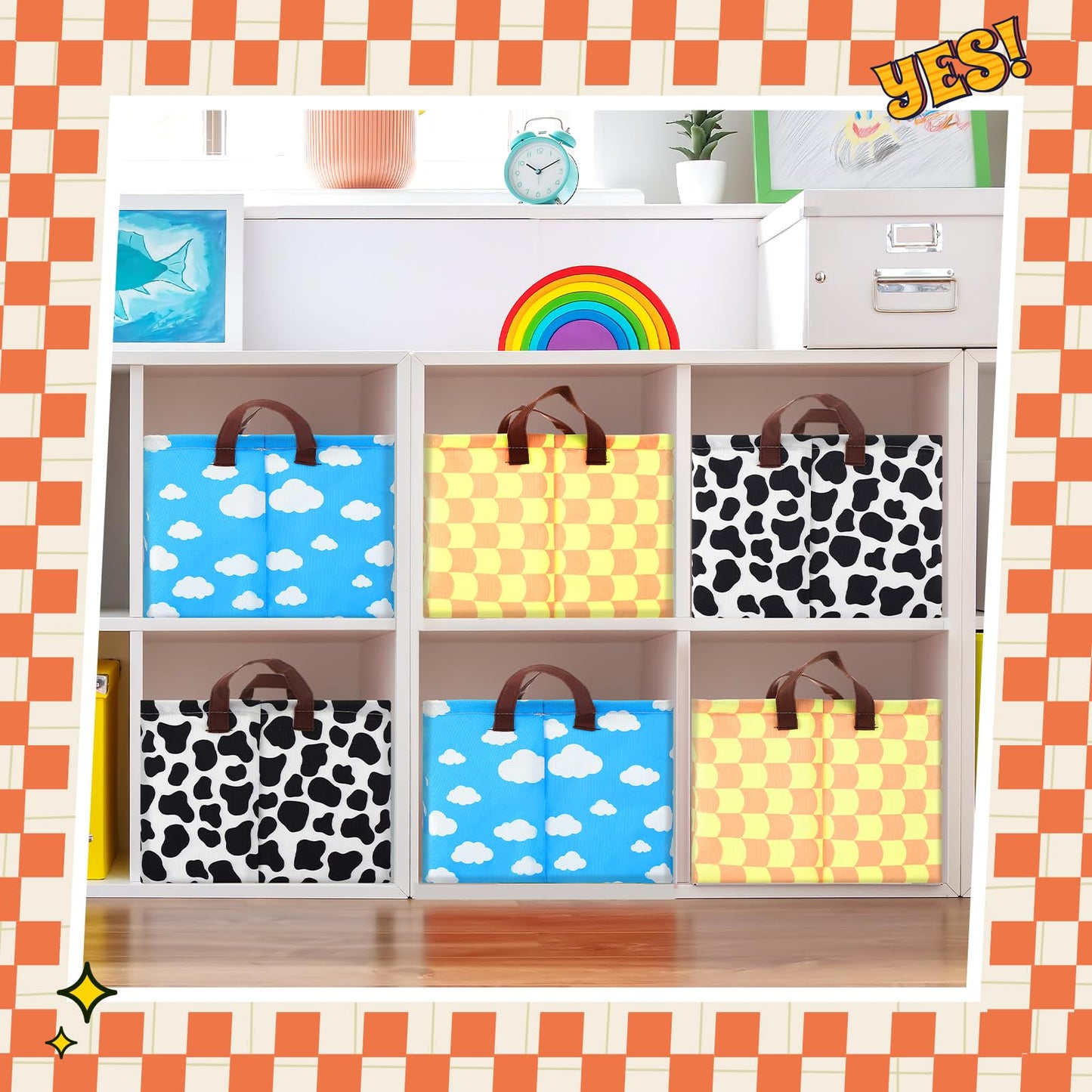Yoojahow 3 Pack Storage Baskets Waterproof Canvas with Leather Handles Storage Bins Basket Organizer Collapsible for Closet Clothes Room Decor(Black, Yellow, Blue,Cartoon)