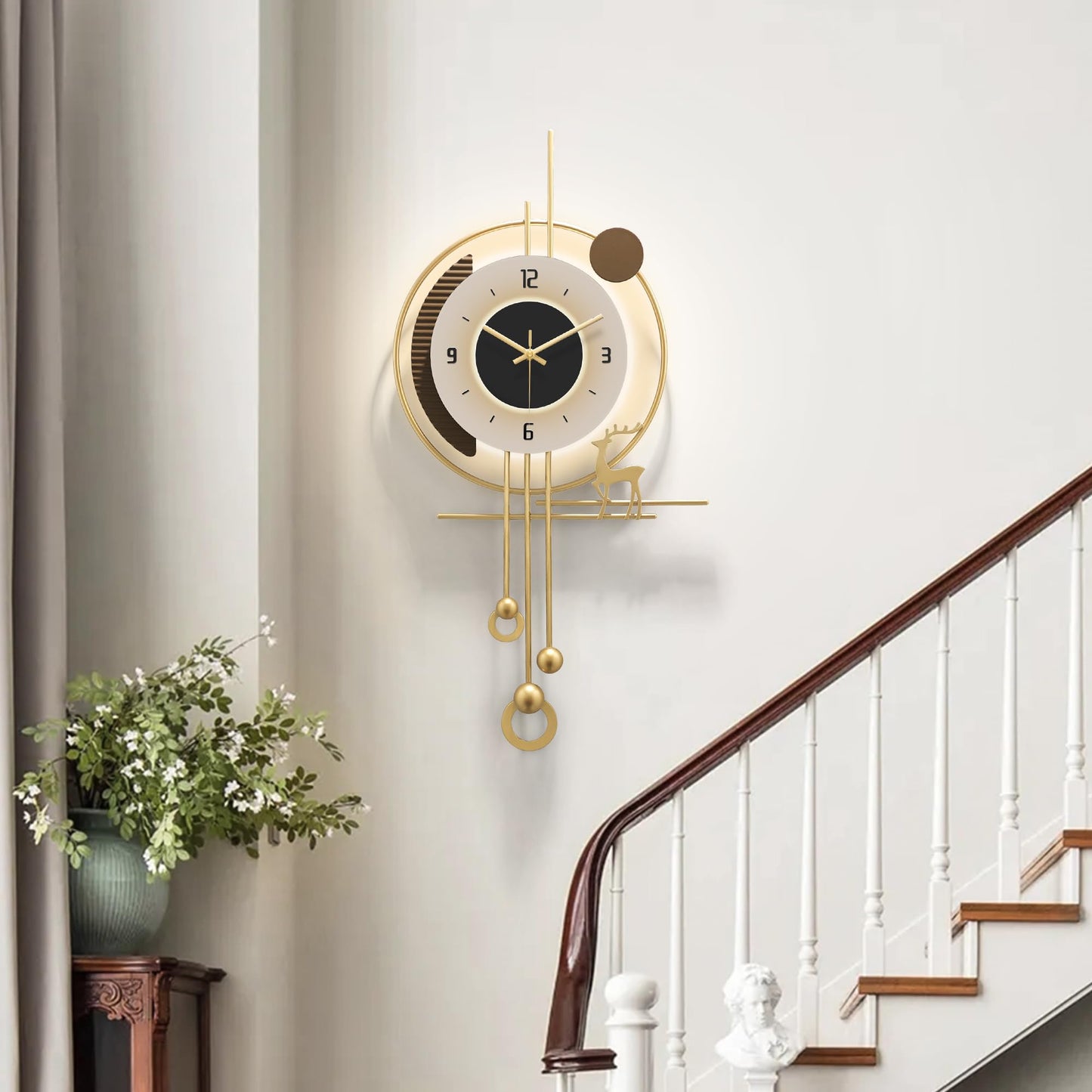 HEBOIX Modern Wall Clock for Living Room,Large Gold Decorative Wall Clock with Light,Creative Silent Clock Battery Operated for Kitchen/Entryway/Bedroom/Office/Dinning Room Metal Wall Decor