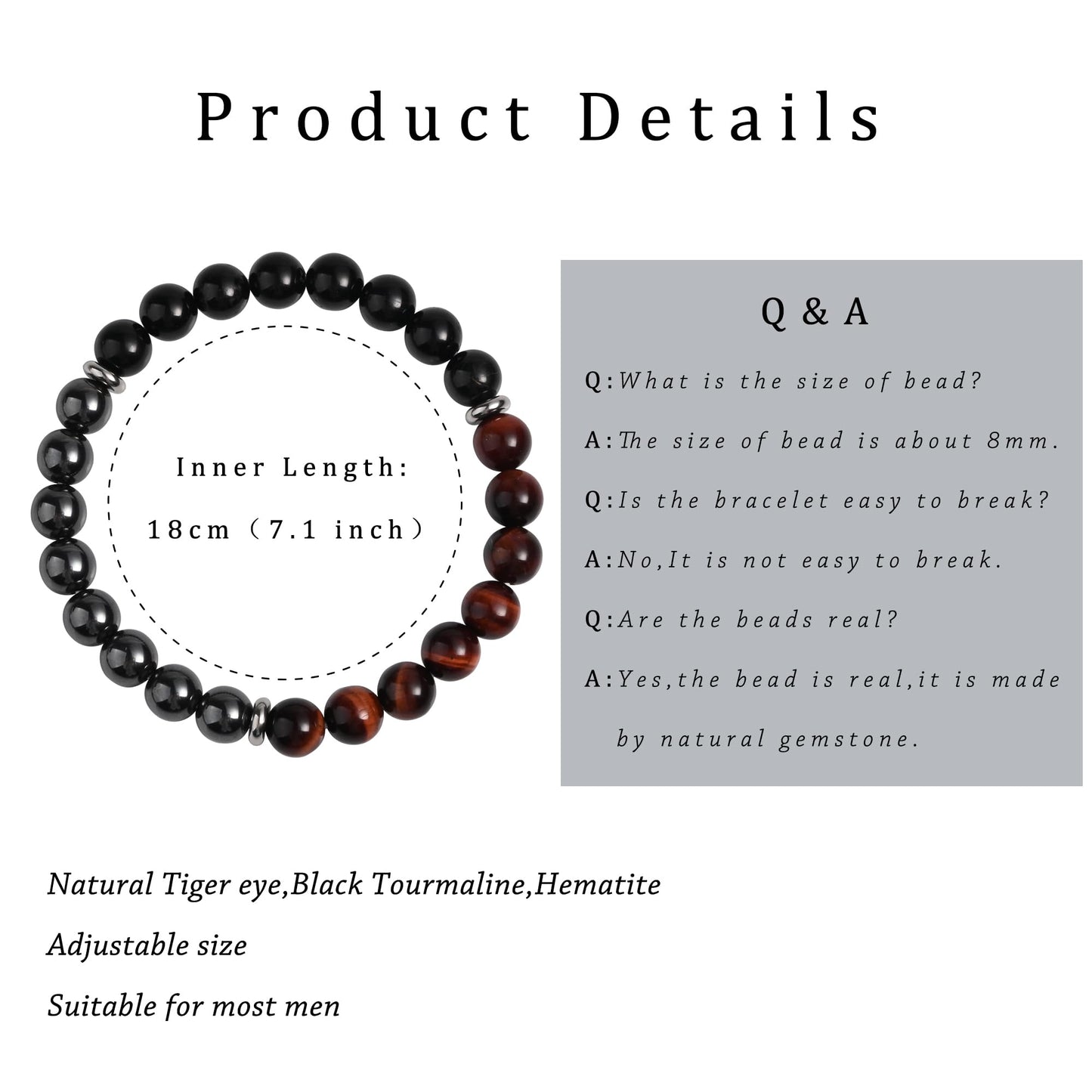 Gracayfr Tiger Eye Black Tourmaline Bracelet Anxiety Relief Healing Crystal Spiritual Natural Stone Beaded Empath Protection Gemstone Stretch Hematite Red