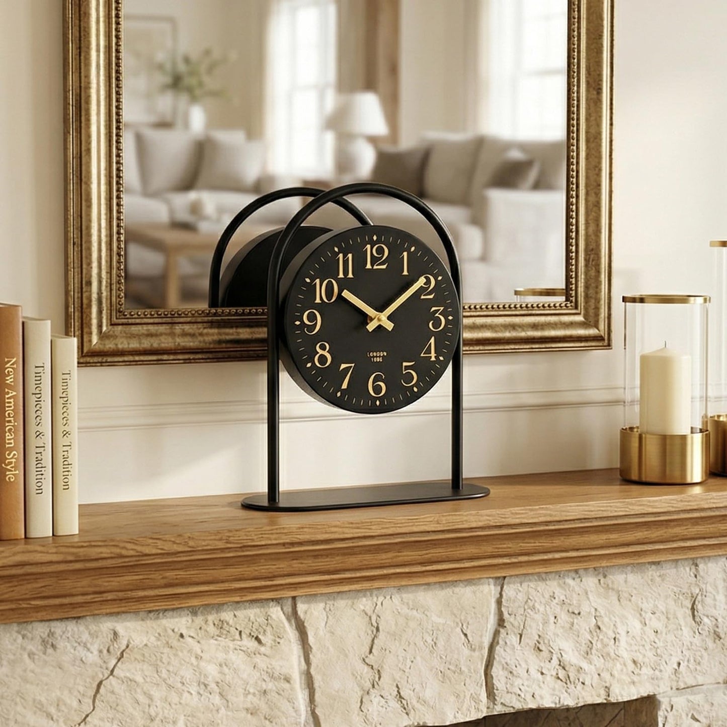 Modern Black Desk Clock - 10.6 Inch Arched Table Clock with Silent Non-Ticking Quartz Movement, Battery Operated Decorative Mantel Clock with Gold Arabic Numerals for Bedroom, Shelf & Office Decor
