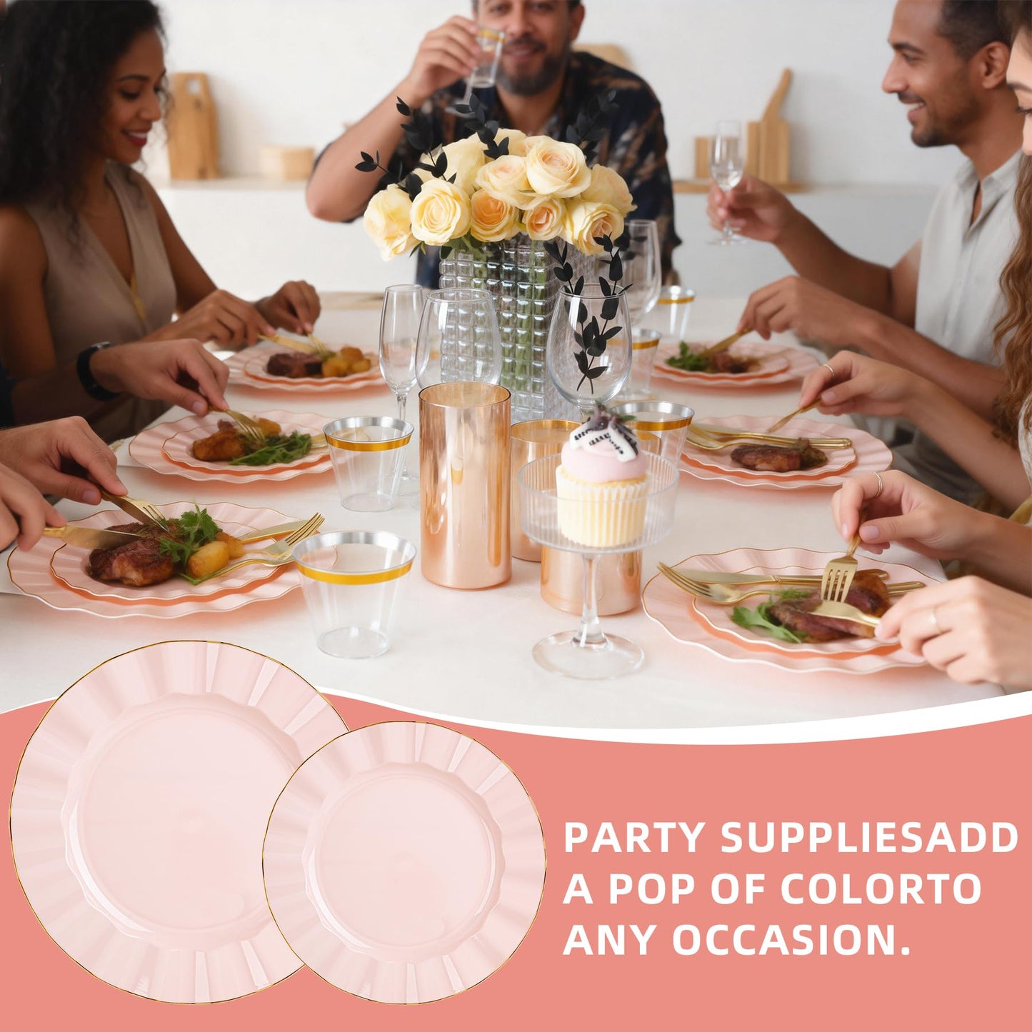 QualQuot 175PCS Gold and Pink Plastic Dinnerware Set, Plastic Party Plates for 25 Guests, 50 Disposable Plates, 25 Heavy Duty Silverware, 25 Cups, 25 Napkins for Mother's Day, Party and Wedding