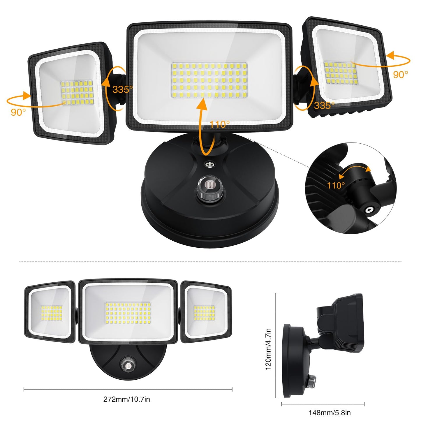 Onforu 70W LED Dusk to Dawn Outdoor Lighting,2 Packs 7000LM Exterior Flood Lights,IP65 Waterproof Outdoor 3 Adjustable Heads Photocell Black Lights Fixture,6500K Daylight White Floodlights(Black)