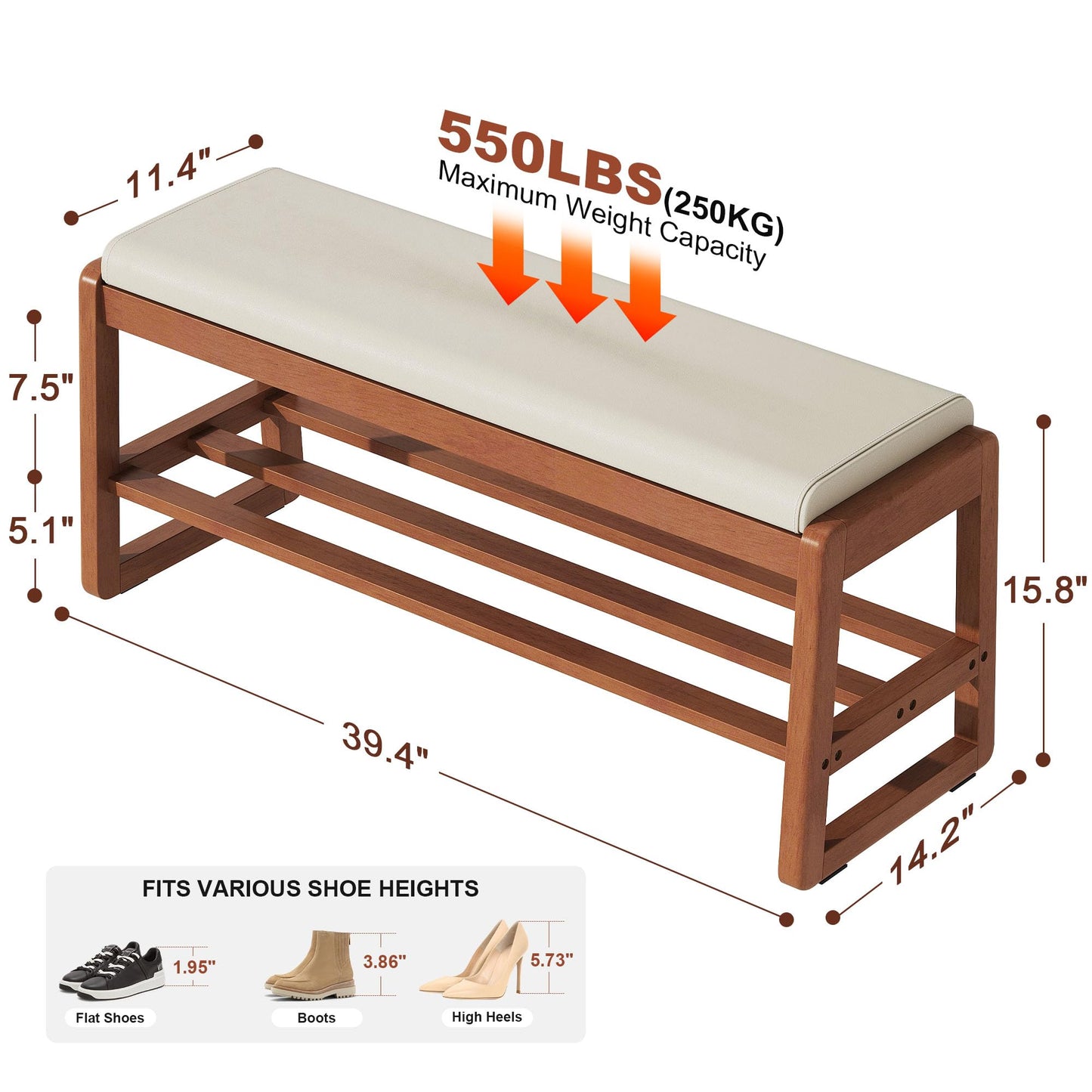 PETKABOO Shoe Bench Storage Rubberwood with Leather Cushion 39.4", Waterproof Easy to Clean 550LBS Organizer Shoe Rack for Entryway, Hallway, Mudroom, Front Door