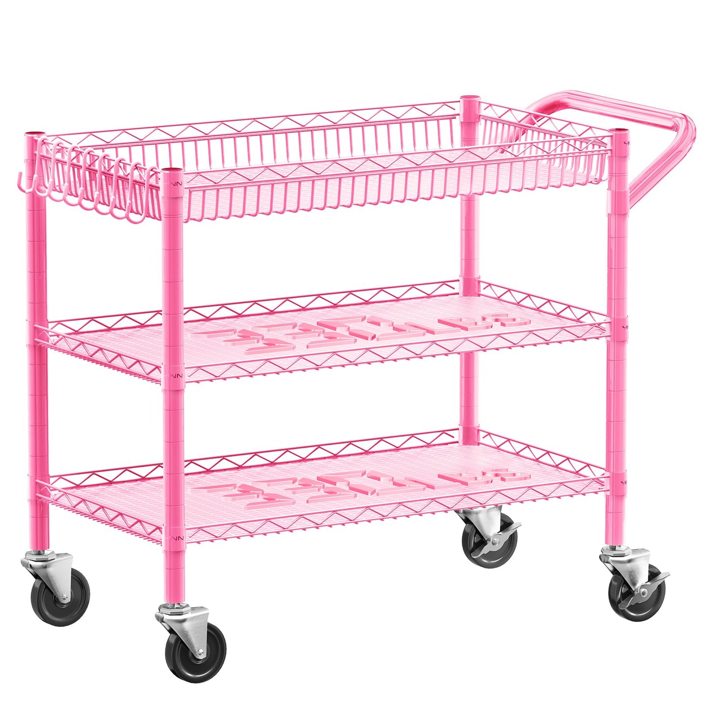 YNN Pink Rolling Cart, 990Lbs 3 Tier Heavy Duty Metal Cart with Wheels & Handle NSF Wheeled Cart 31" D x 18" W x 33" H for Bedroom, Bathroom, Kitchen,Garden,Decor,Serving