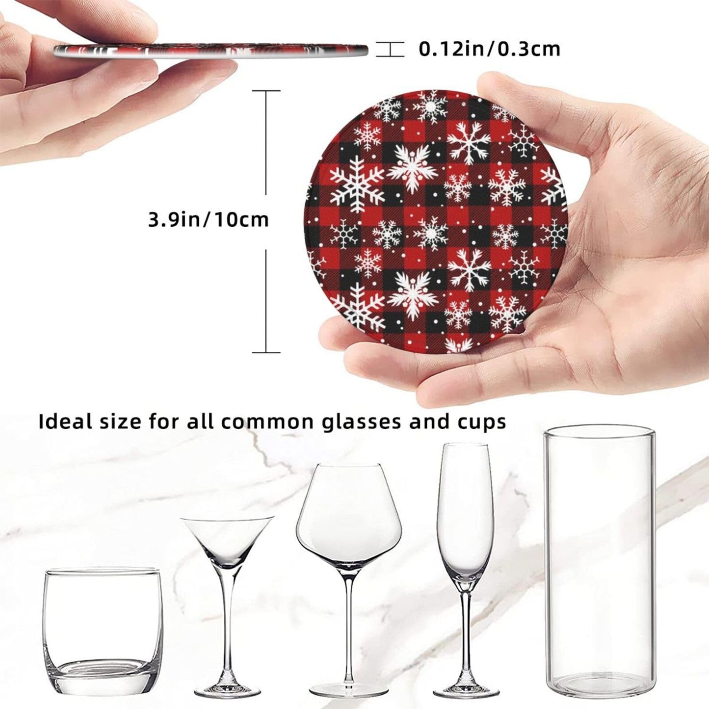 6 Pcs Christmas Coasters for Women Men, 4 Inch Xmas Red Plaid Coaster with Holder for Home Kitchen Office Table Decor