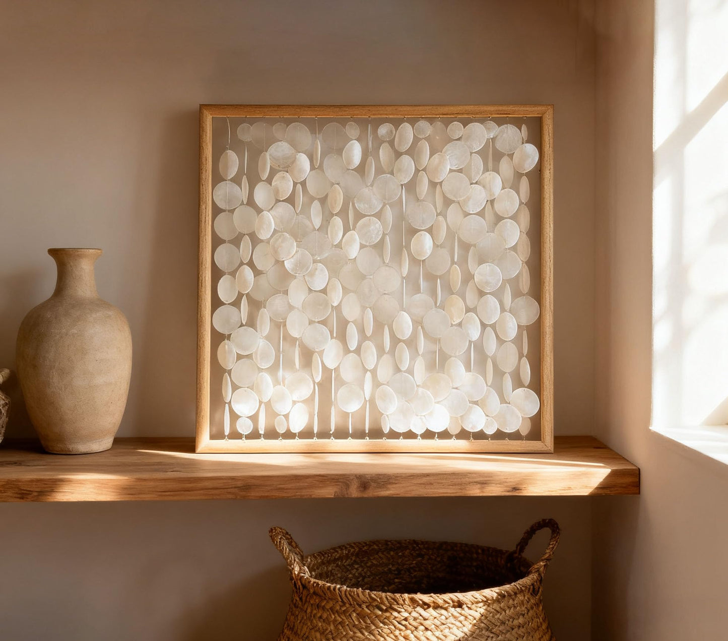 Bergamot 3D Handmade 24"x24" Capiz Shell Wall Hanging Decor, Solid Wooden Framed Coastal Wall Decor, Minimalist White Sea Shell Art for Living Room, Bedroom, Office