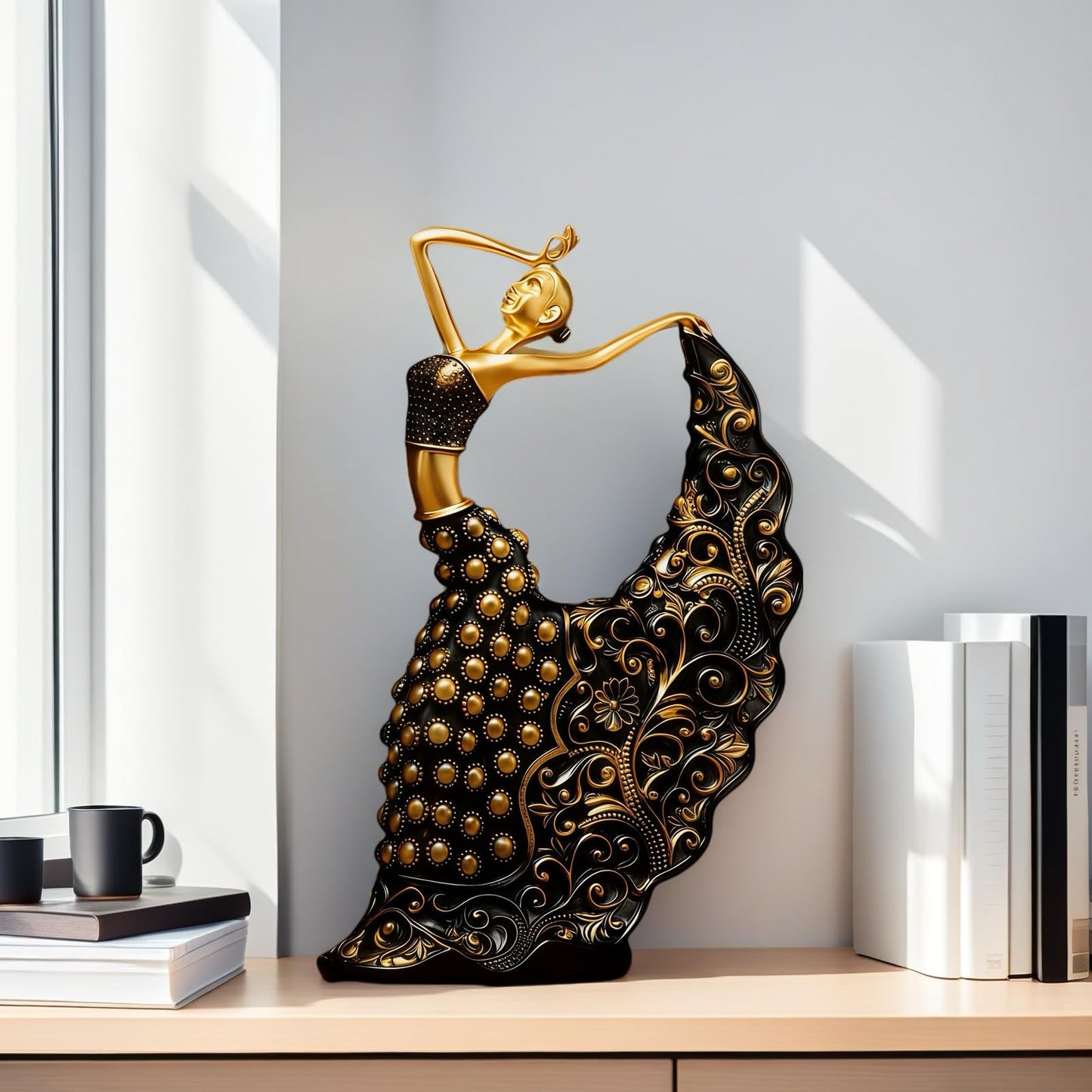XINDAM Elegant Peacock Art Figurine Dancer Statue Decorative Home & Office Figurines Home Office Display Craft Living Room Decor Ornaments for Tabletop Black and Gold