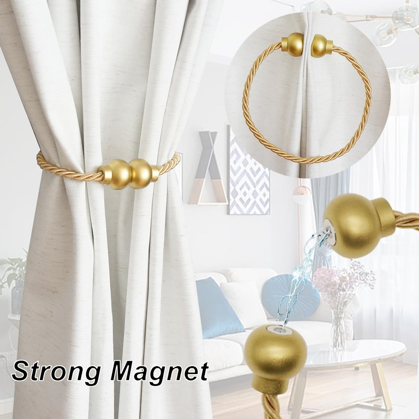 HIASTRA 2 Pack Magnetic Curtain Tiebacks Modern Handmade Rope Curtain Tie Backs Decorative Drapes Weave Holdbacks for Home Outdoor Bedroom Office Decorative Curtain, Gold