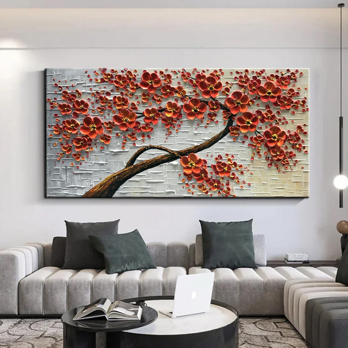 YaSheng Art -Large 3D Textured Framed Abstract Floral Oil Painting ,Wall Art for Living Room,hand painted Canvas Wall Art, Bedroom Wall Art Decor, 3D Red Floral Artwork, Modern Home Wall Decor 60x24inch