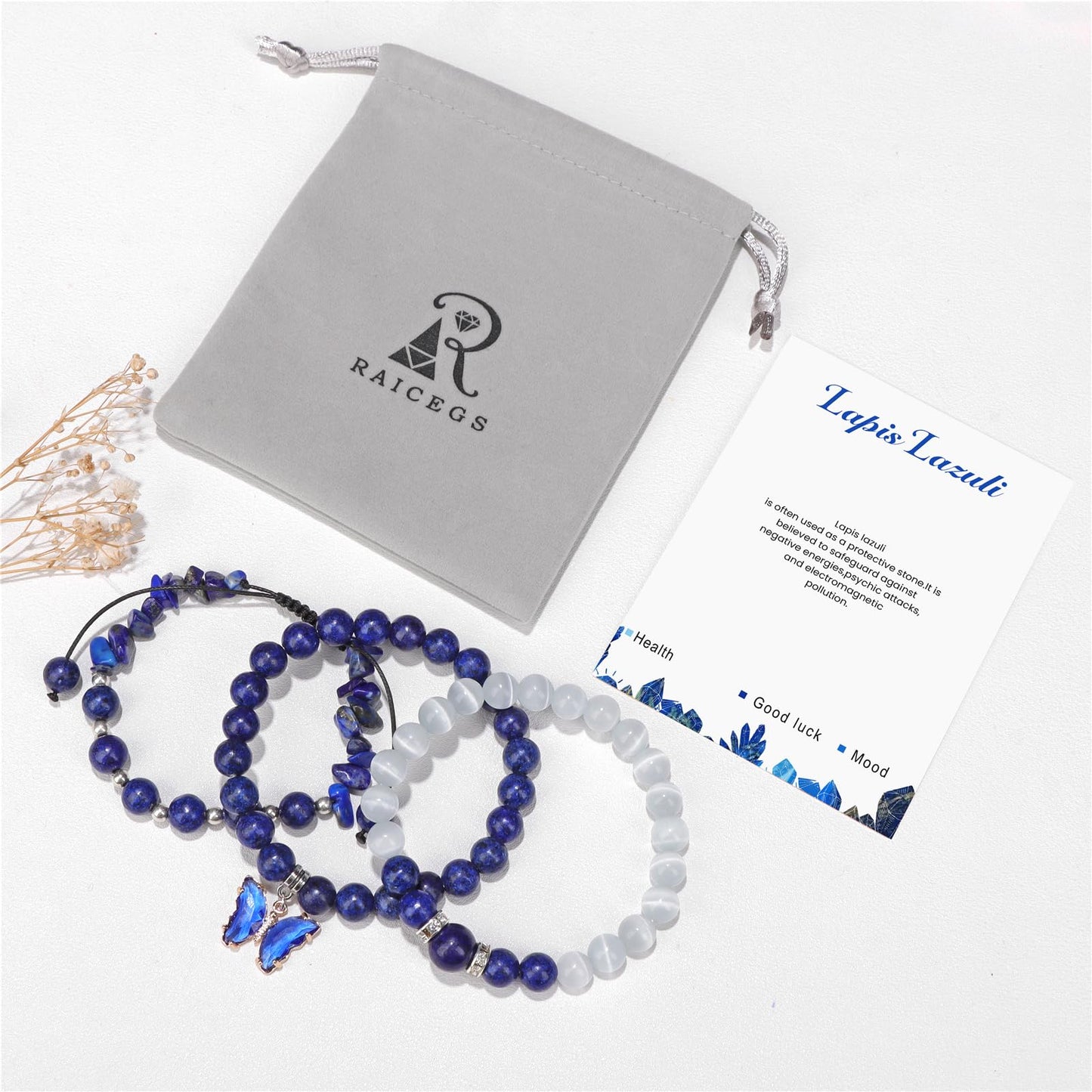 Raicegs Healing Crystal Bracelets for Women Lapis Lazuli Butterfly Bracelet Set 8mm Natural Stone Beaded Bracelet Anxiety Stress Relief Purple Bracelets for Women