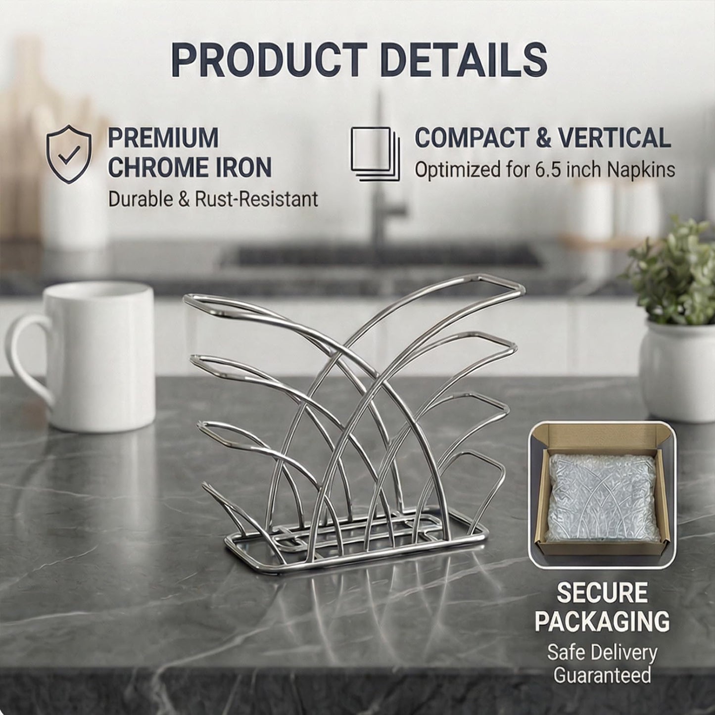LEVIMETREE Napkin Holder for Table – Silver Iron Upright Napkin Dispenser for Paper Napkins, Napkin Dispenser for Kitchen Dining, Cocktail Picnic Bar Modern Kitchen and Dining Decor, Servilletero