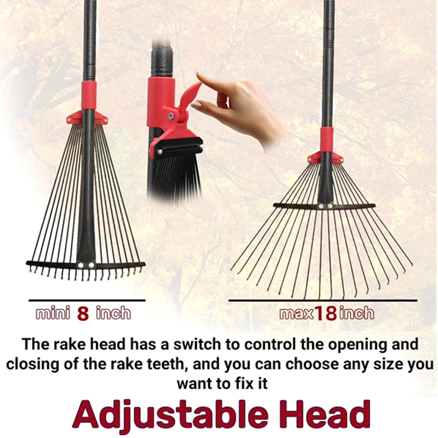 76Inch Adjustable Metal Leaf Rake, 18 Metal Tines Heavy Duty Leaves Rake for Lawns with 8-18" Expandable Head Long Handle Garden Rakes for Women Kids Leaves Yard Gardening Grass Outdoor Camping Debris