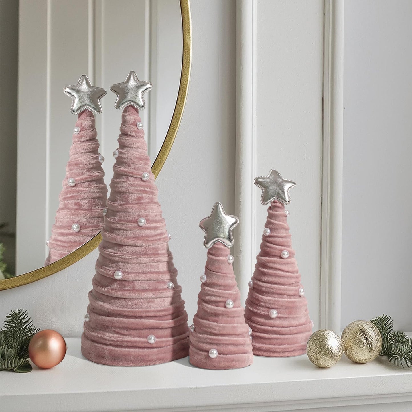 Bunny Chorus Christmas Decorations Indoor, 3Pcs Pink Velvet Cone Trees With Pearls, Table Decor for Xmas New Year Winter Holiday Home Decor