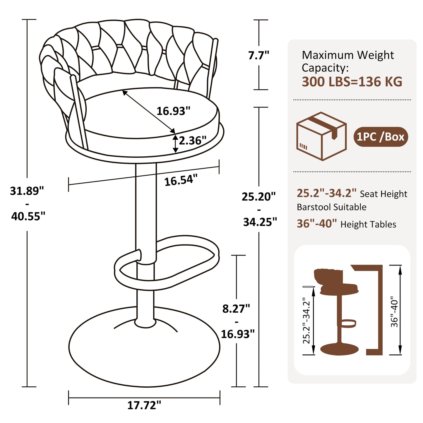 YOUNUOKE Single Swivel Bar Stool, Adjustable Height Counter Stool with Woven Back, Metal Legs & Large Footrest, Cloth Fabric Upholstery for Kitchen Island (Light Brown,1 Pack)