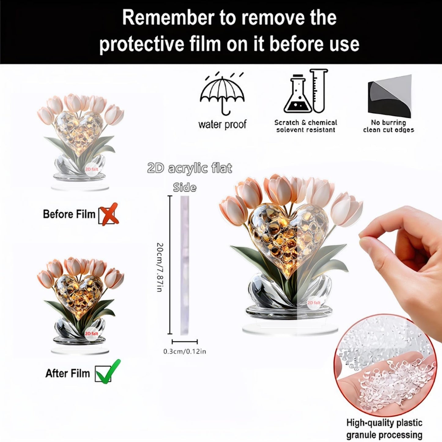 Xanorrg Miniature Acrylic Crystal Bouquet 2D Printing Desk Display Decoration for Bookshelves Tabletop Decoration Ornament Miniature Table Display