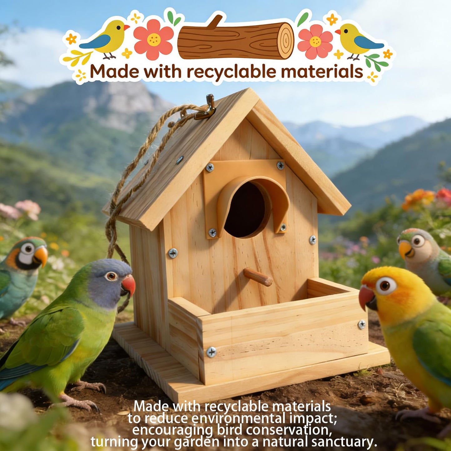 Hanging Bird House for Outside Clearance, Cedar Wooden Bird House to Paint for Finch Bluebird Cardinals, Bird Nest Feeder W/Rain Awning Kit for Outdoor Backyard Courtyard Patio Decor (DIY Detachable)