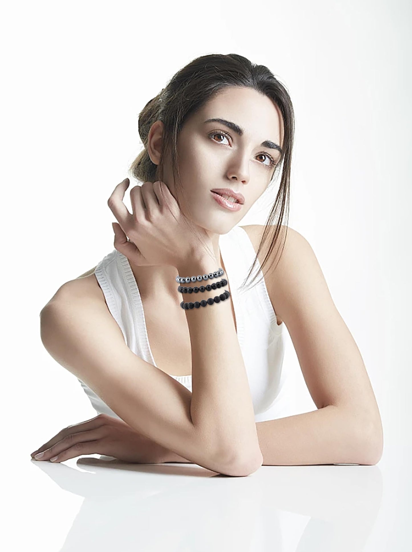 NCB 3-Piece 8mm Natural Crystal Gemstone Stretch Bracelets – Black Onyx, Hematite, Matte Black Agate Handmade Reiki Energy Healing Jewelry for Meditation,Yoga, Unisex