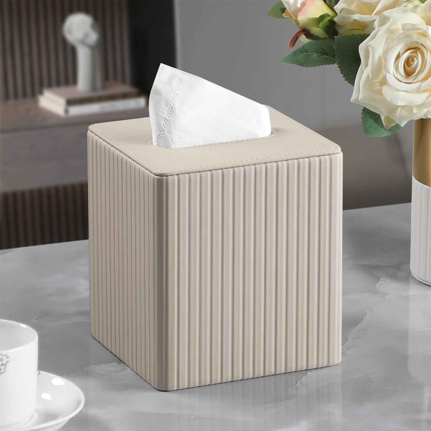 MEIBOOCH PU Leather Tissue Box Cover Square Tissue Box Holder with Magnetic Closure (Beige Stripe)
