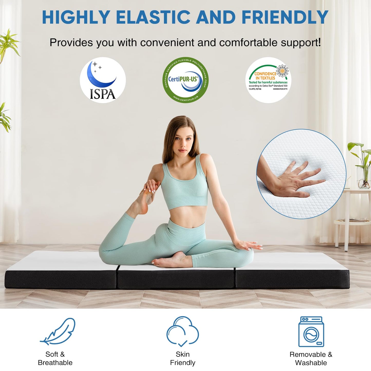 KMFurnila Folding Memory Foam Pads, 4" Tri-Fold Single Topper with Washable Cover, Non-Slip Portable Guest Floor Bed for Travel Camping