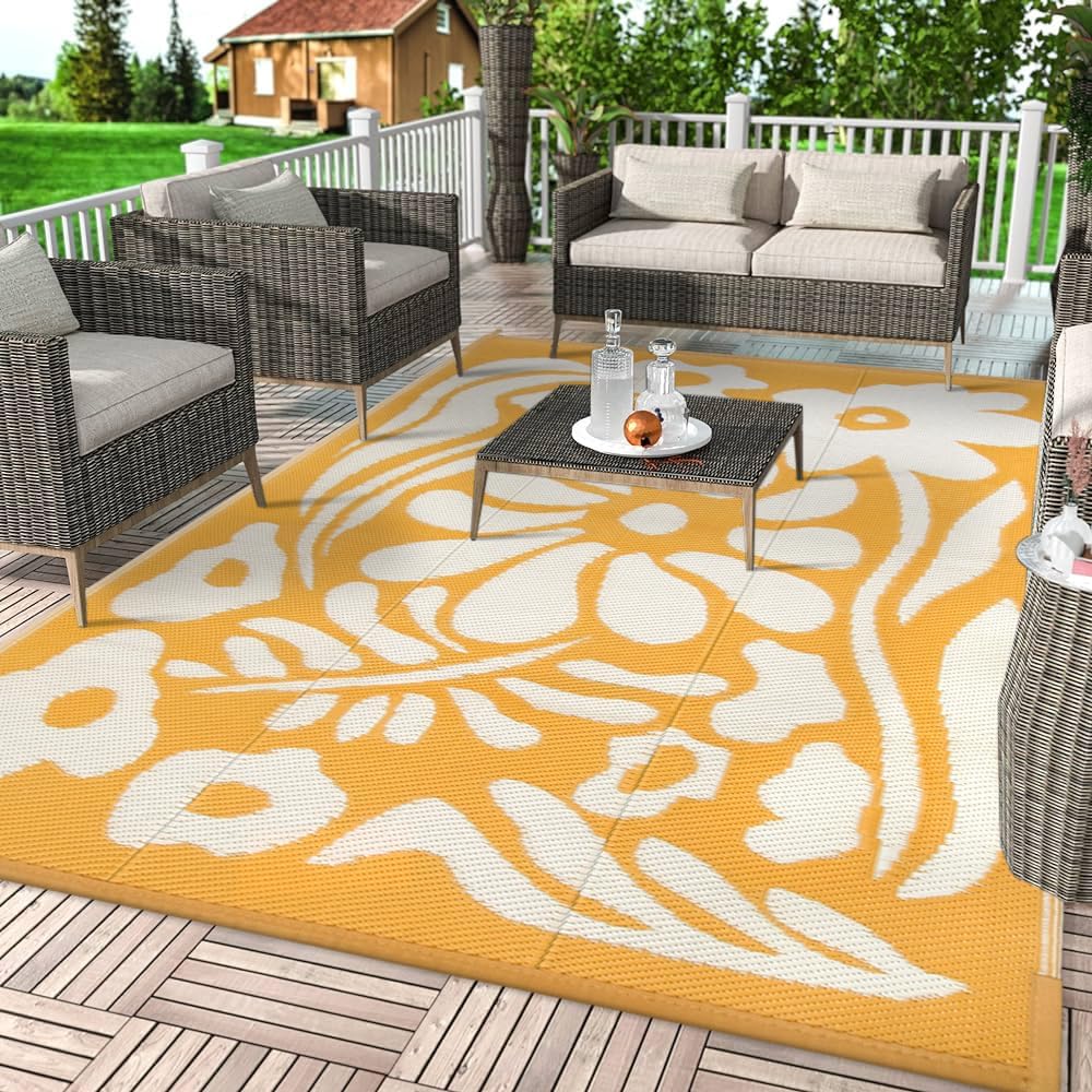 Uphome Outdoor Rugs 8x10 Waterproof, Reversible Orange Floral RV Camping Rug, Patio Plastic Straw Outside Rug, Large Foldable Outdoor Mat Carpet for Backyard Deck Pool Balcony Picnic Beach, 8'x10'