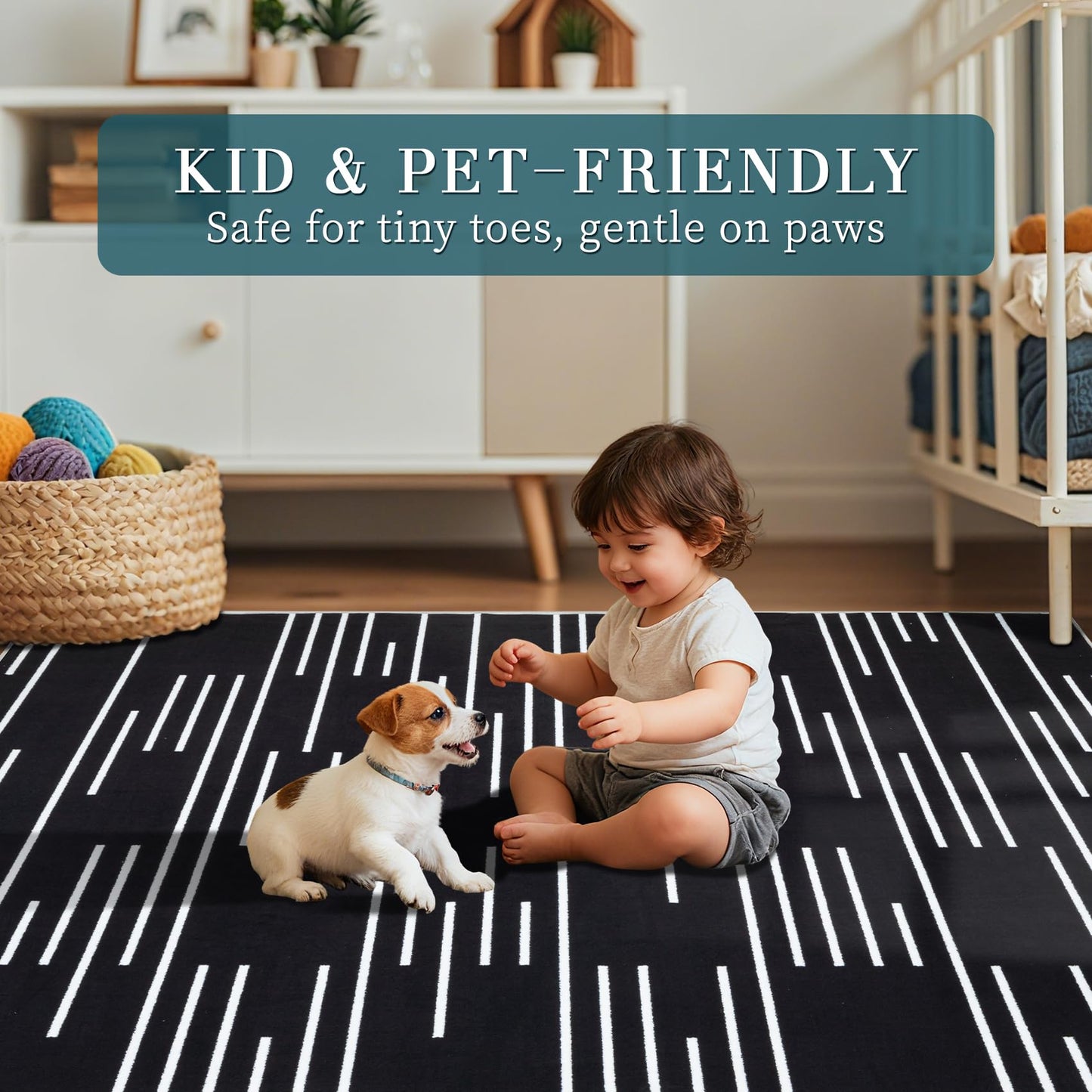YIHOUSE Abstract Washable Rug 5x7,Ultra Thin Non Slip Black Rugs for Living Room,Modern Minimalist White Stripe Rugs for Bedroom,Dining Room Office Playroom (5'x7',Black-3)
