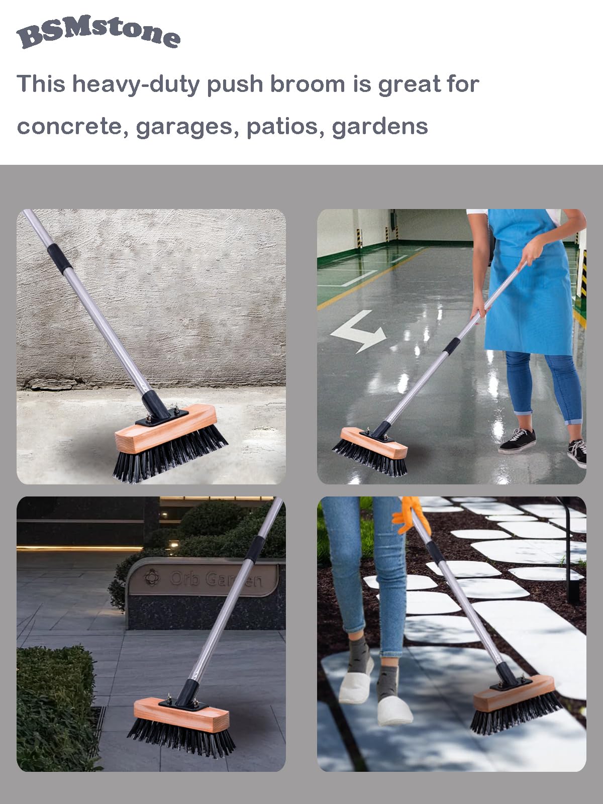 Heavy Duty Push Broom Stiff Bristle Broom Brush with Solid Wood Broom Head Indoor Outdoor Floor Scrubber Brushes for Bathroom Bathtub Tile Floor Patio Swimming Pool