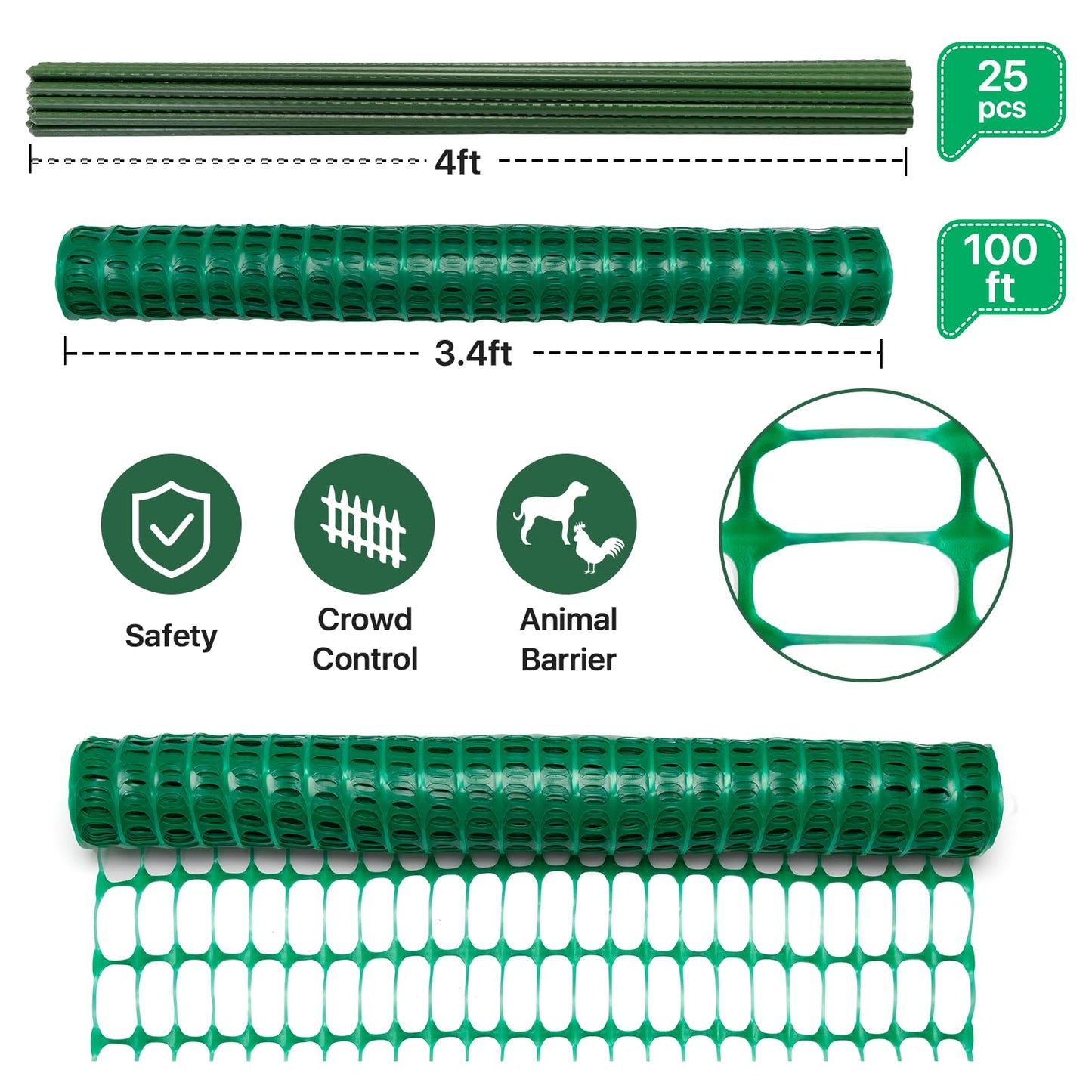Temporary Fence Plastic Fence with Posts, Safety Barrier for Dogs Snow Mesh Fencing with Steel Stake Movable Portable Fencing Fence Roll 40In High 100Ft Long for Garden Backyard Outdoor
