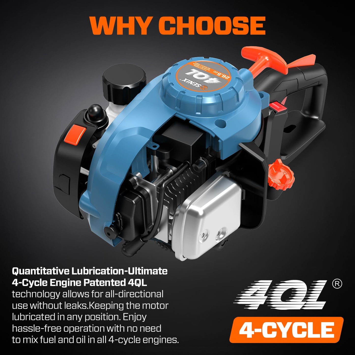 SENIX 4QL 26.5 cc 4 Cycle 22-Inch Gas Hedge Trimmer, Garden Tool to Trim Shrubs,Bushes,and More,Double Sided Dual Action Blades,1-1/8" Cutting Capacity,Includes Blade Cover(HT4QL-L)